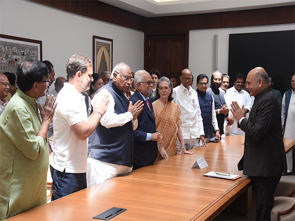 Congress chief Mallikarjun Kharge, along with other INDIA bloc leaders congratulating B Sudharshen Reddy (Photo/X @Kharge) Congress chief Mallikarjun Kharge, along with other INDIA bloc leaders congratulating B Sudharshen Reddy (Photo/X @Kharge)