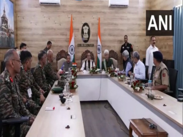Defence Minister Rajnath Singh holds meeting at Raj Bhavan in Jammu (Photo/ANI) Defence Minister Rajnath Singh holds meeting at Raj Bhavan in Jammu (Photo/ANI)