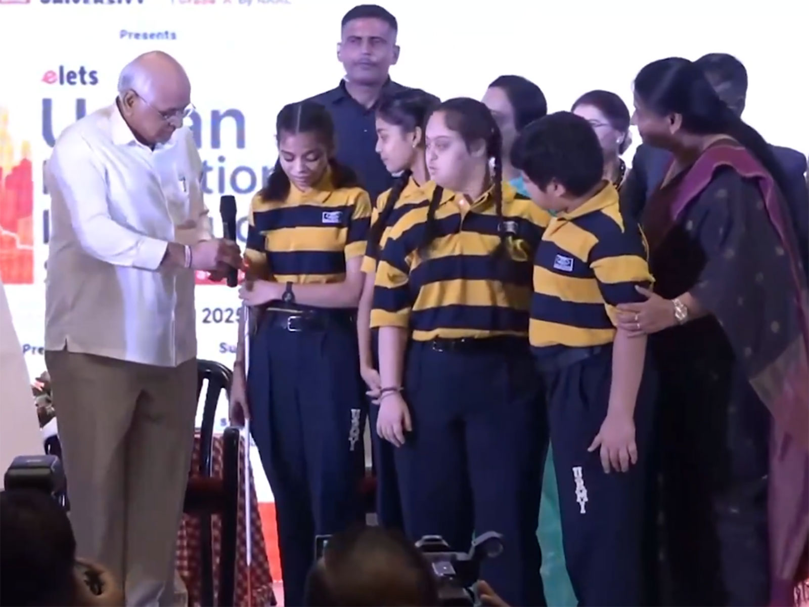 Gujarat CM Bhupendra Patel offering mic to visually imparied student (Photo/X@Bhupendrapbjp) Gujarat CM Bhupendra Patel offering mic to visually imparied student (Photo/X@Bhupendrapbjp)