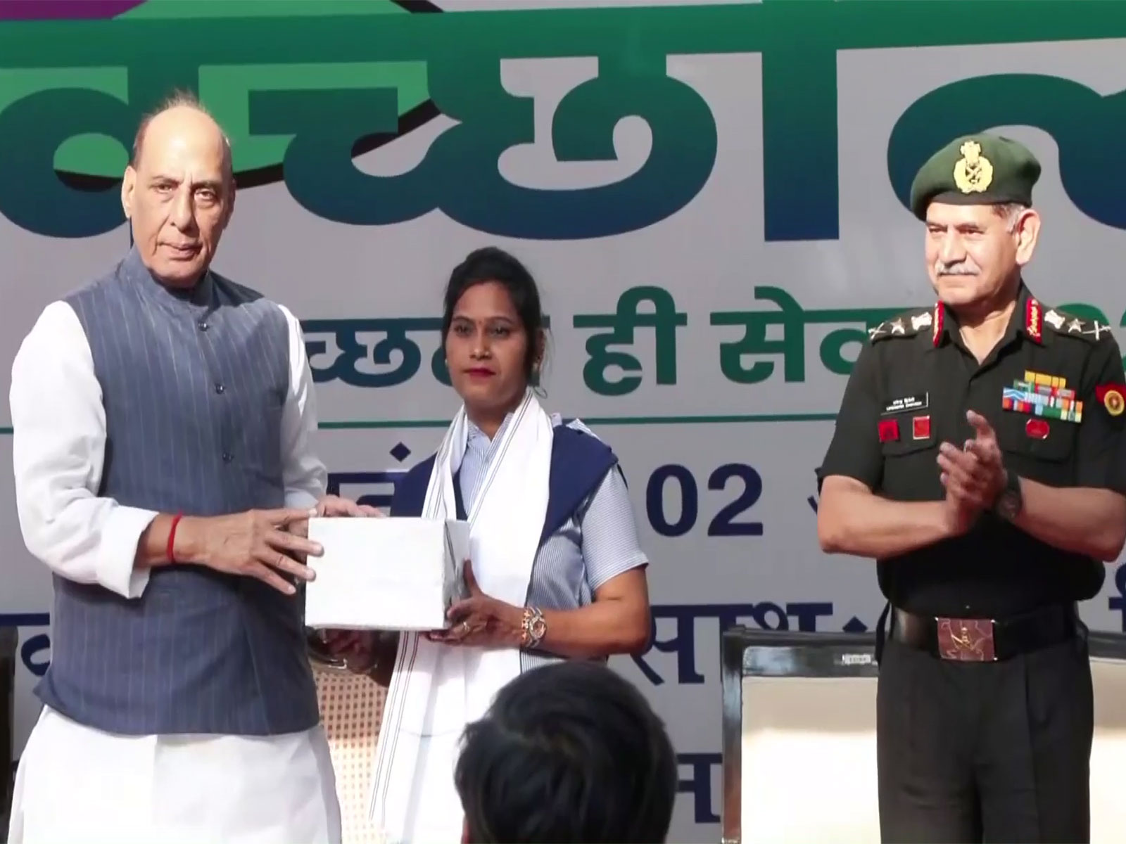 Defence Minister Rajnath Singh felicitates sanitation workers as part of the 'Swacchata hi Sewa' campaign in Delhi (Photo/ANI) Defence Minister Rajnath Singh felicitates sanitation workers as part of the 'Swacchata hi Sewa' campaign in Delhi (Photo/ANI)