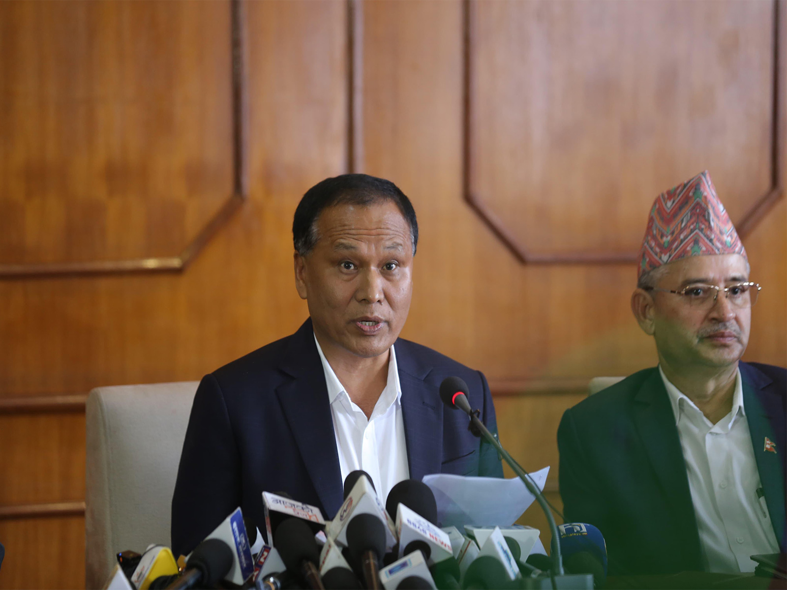 Nepal’s Minister for Physical Infrastructure and Transport Kulman Ghising addressing a press conference in Kathmandu on Thursday, announcing a reconstruction fund after the Gen-Z protests (Photo/ANI)
