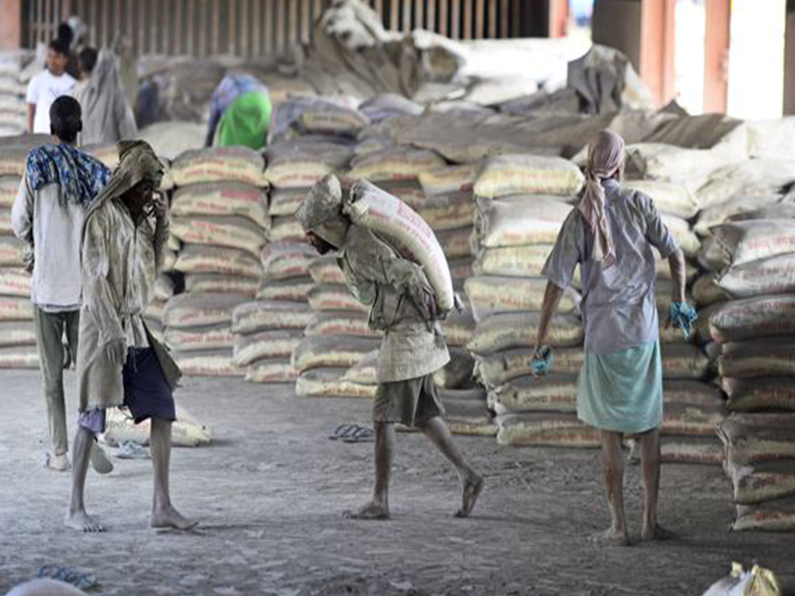 Labourers loading sacks of cement at a warehouse (Photo/ANI) Labourers loading sacks of cement at a warehouse (Photo/ANI)