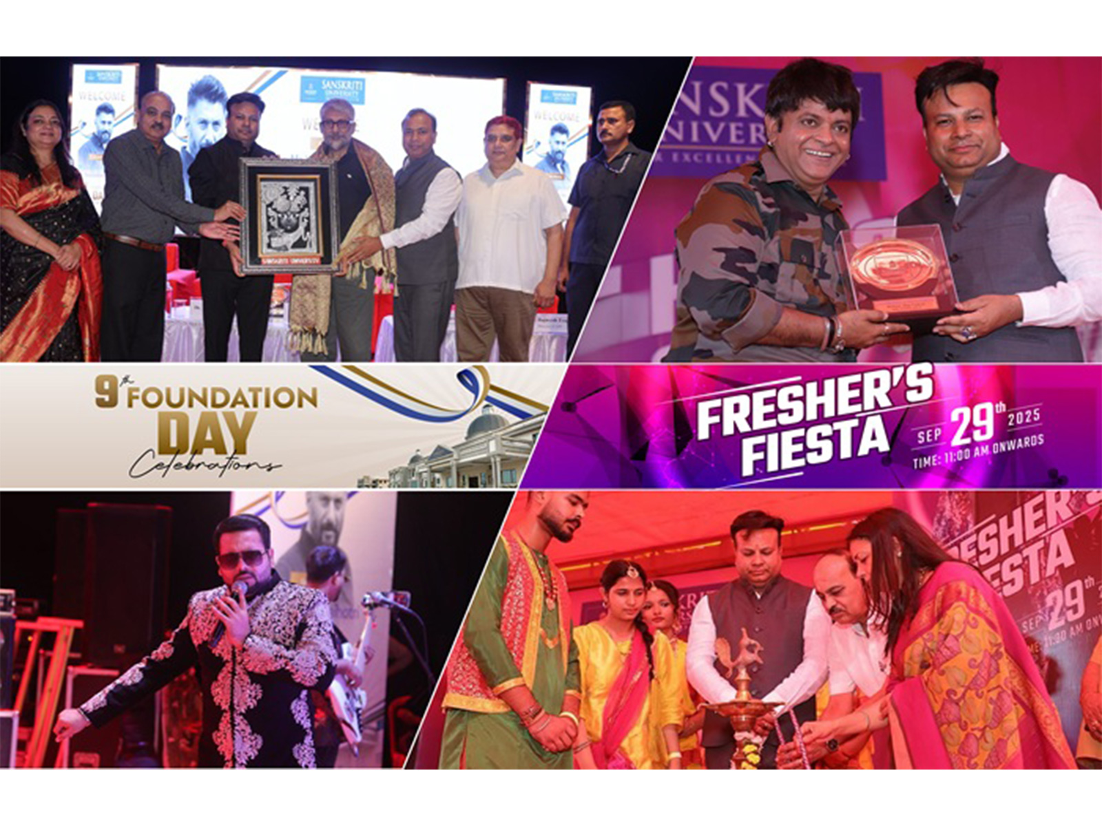 Filmmaker Vivek Agnihotri, Comedian VIP, and Singer Farhan Sabri joined Chancellor Sachin Gupta to celebrate the Fresher Party on Foundation Day at Sanskriti University