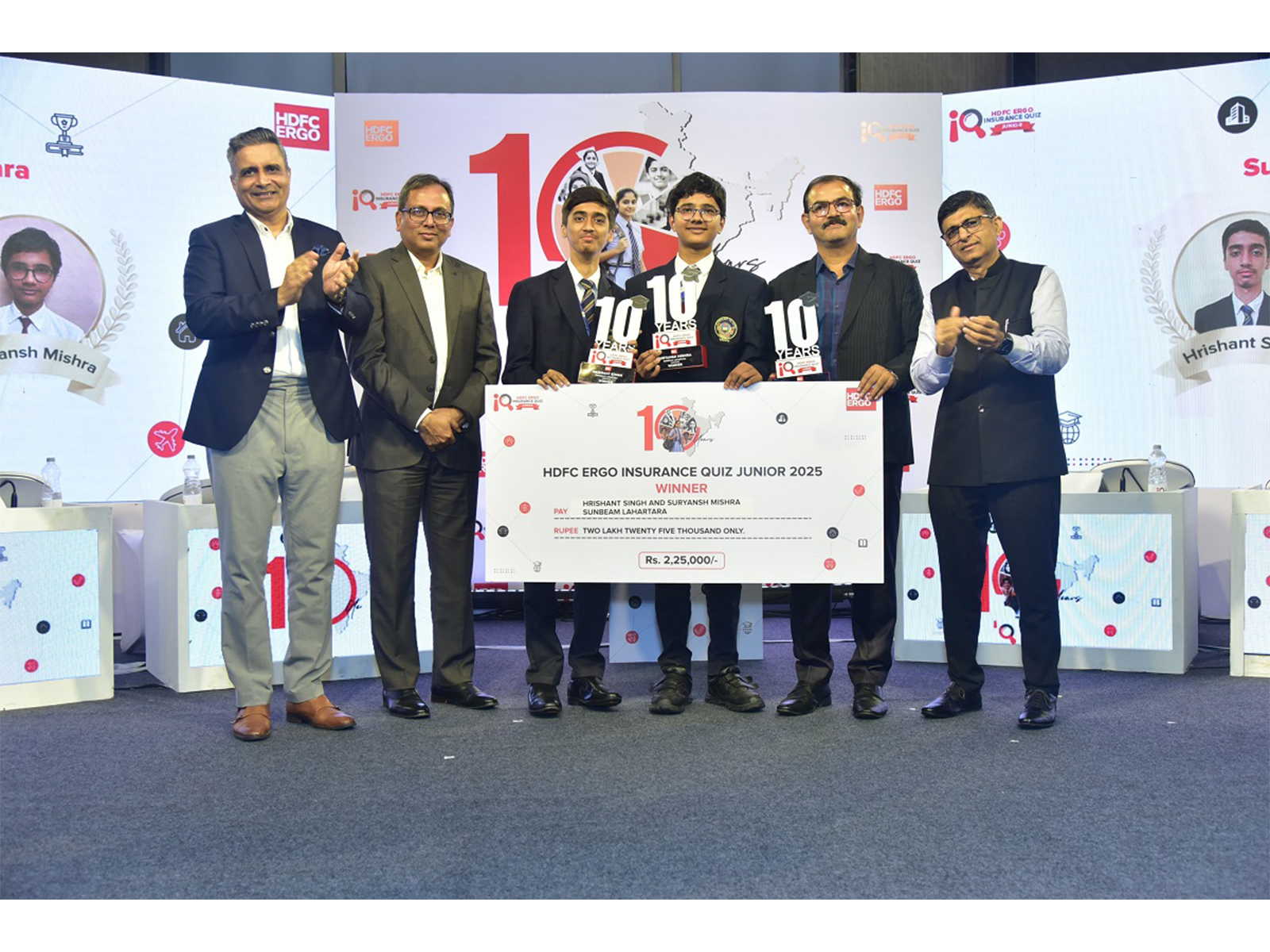 Anuj Tyagi, Managing Director and Chief Executive Officer, HDFC ERGO, with the winners of the 10th edition of the HDFC ERGO Insurance Quiz Junior. Anuj Tyagi, Managing Director and Chief Executive Officer, HDFC ERGO, with the winners of the 10th edition of the HDFC ERGO Insurance Quiz Junior.