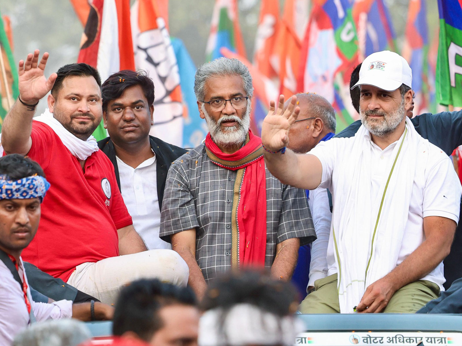 RJD leader Tejashwi Yadav, CPI (ML) leader Dipankar Bhattacharya and Congress leader Rahul Gandhi (File Photo/ANI) RJD leader Tejashwi Yadav, CPI (ML) leader Dipankar Bhattacharya and Congress leader Rahul Gandhi (File Photo/ANI)
