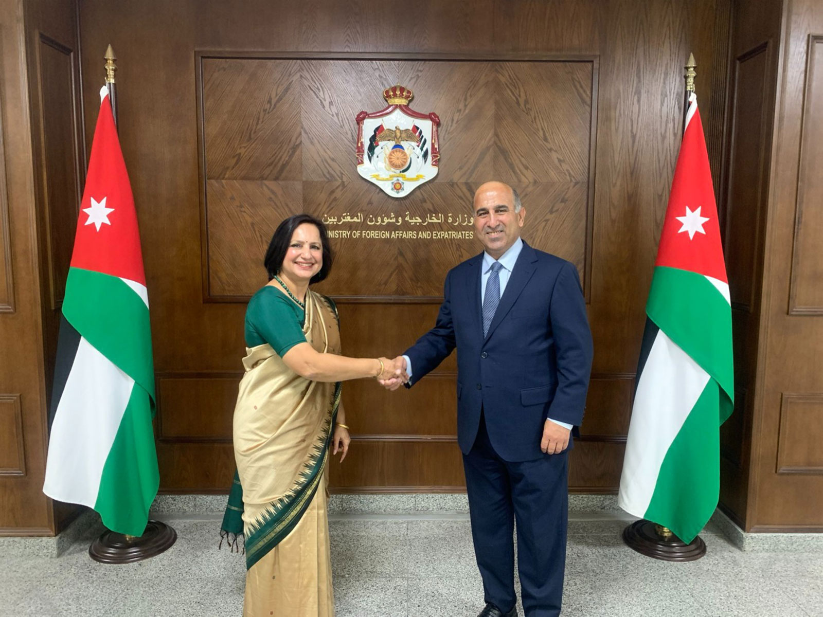 Secretary (South) Neena Malhotra with Secretary General Daifallah Ali Al-Fayez during her visit to Amman, Jordan. (Image: X/@IndiainJordan) Secretary (South) Neena Malhotra with Secretary General Daifallah Ali Al-Fayez during her visit to Amman, Jordan. (Image: X/@IndiainJordan)