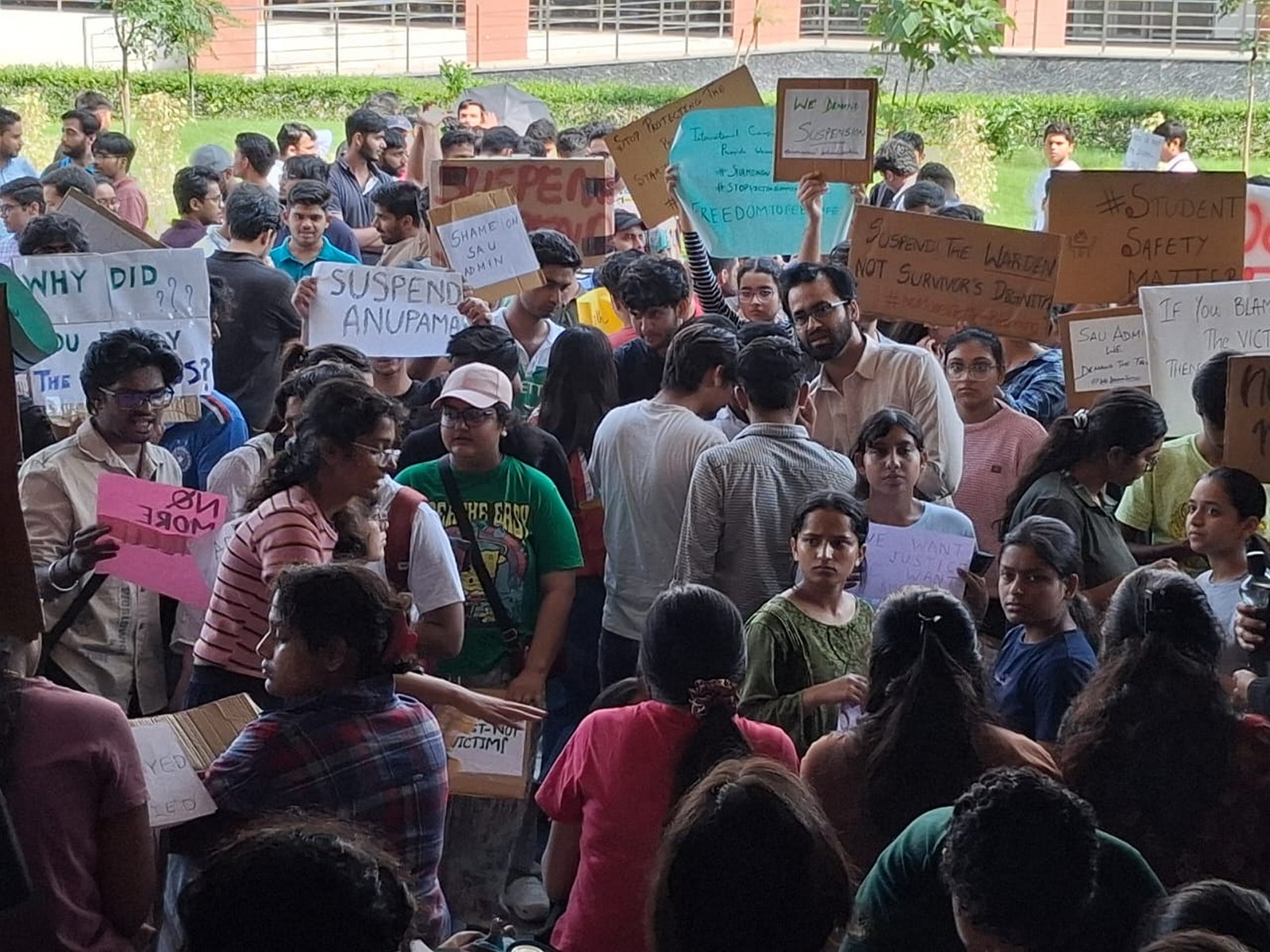 SAU students protest outside the administrative block demanding action in the sexual assault case (Photo/ANI) SAU students protest outside the administrative block demanding action in the sexual assault case (Photo/ANI)