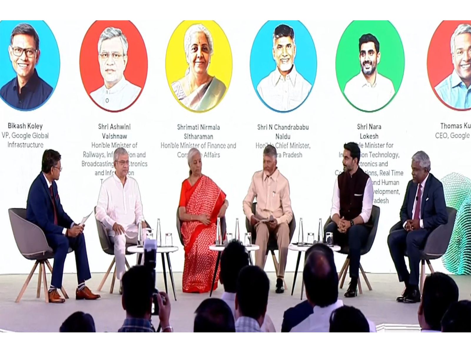 Ashwini Vaishnaw, Nirmala Sitharaman, N Chandrababu Naidu, Nara Lokesh, Thomas Kurian (Photo/ANI) Ashwini Vaishnaw, Nirmala Sitharaman, N Chandrababu Naidu, Nara Lokesh, Thomas Kurian (Photo/ANI)