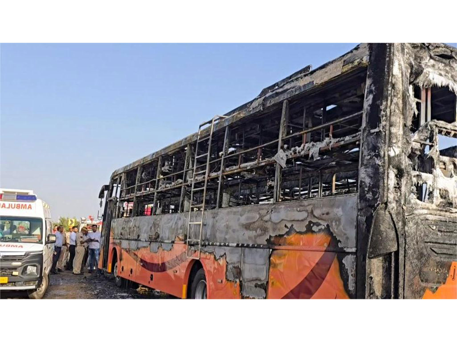 Bus enroute to Jodhpur caught fire near the Thaiyat village in Jaisalmer on Tuesday. (Photo/ANI) Bus enroute to Jodhpur caught fire near the Thaiyat village in Jaisalmer on Tuesday. (Photo/ANI)