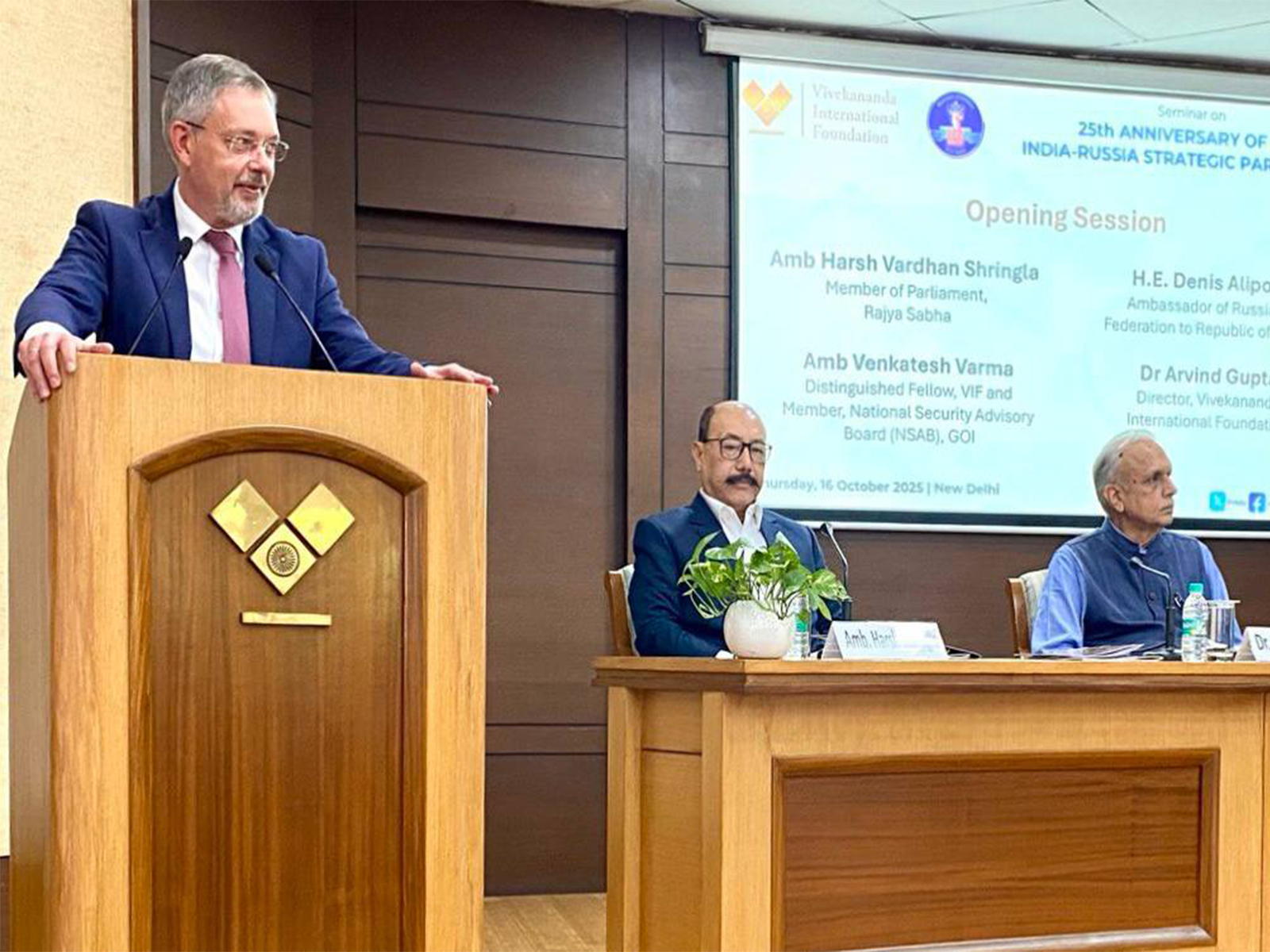 Russian Ambassador to India, Denis Alipov addressing seminar on 25th anniversary of India-Russia Strategic partnership declaration (Photo/ Russian Embassy) Russian Ambassador to India, Denis Alipov addressing seminar on 25th anniversary of India-Russia Strategic partnership declaration (Photo/ Russian Embassy)