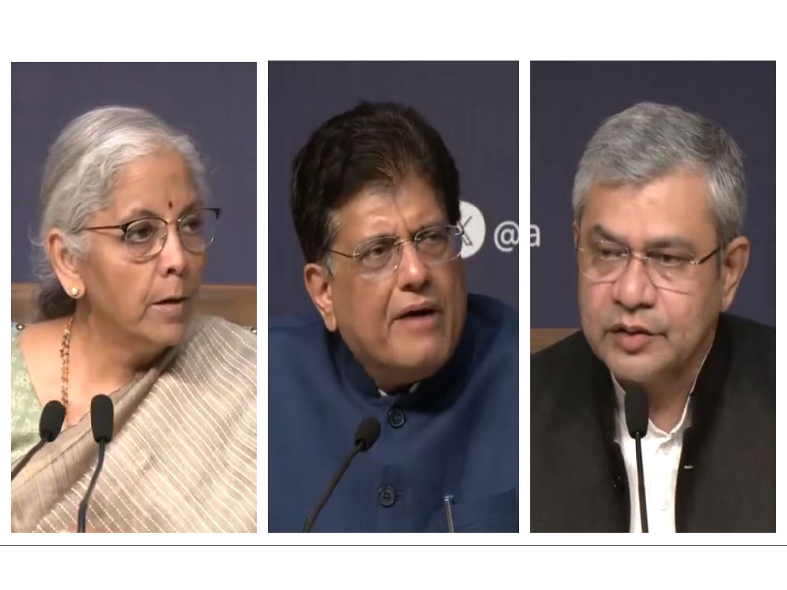 Union Finance Minister Nirmala Sitharaman, Commerce Minister Piyush Goyal, and Electronics & IT Minister Ashwini Vaishnaw (Photo/ANI) Union Finance Minister Nirmala Sitharaman, Commerce Minister Piyush Goyal, and Electronics & IT Minister Ashwini Vaishnaw (Photo/ANI)