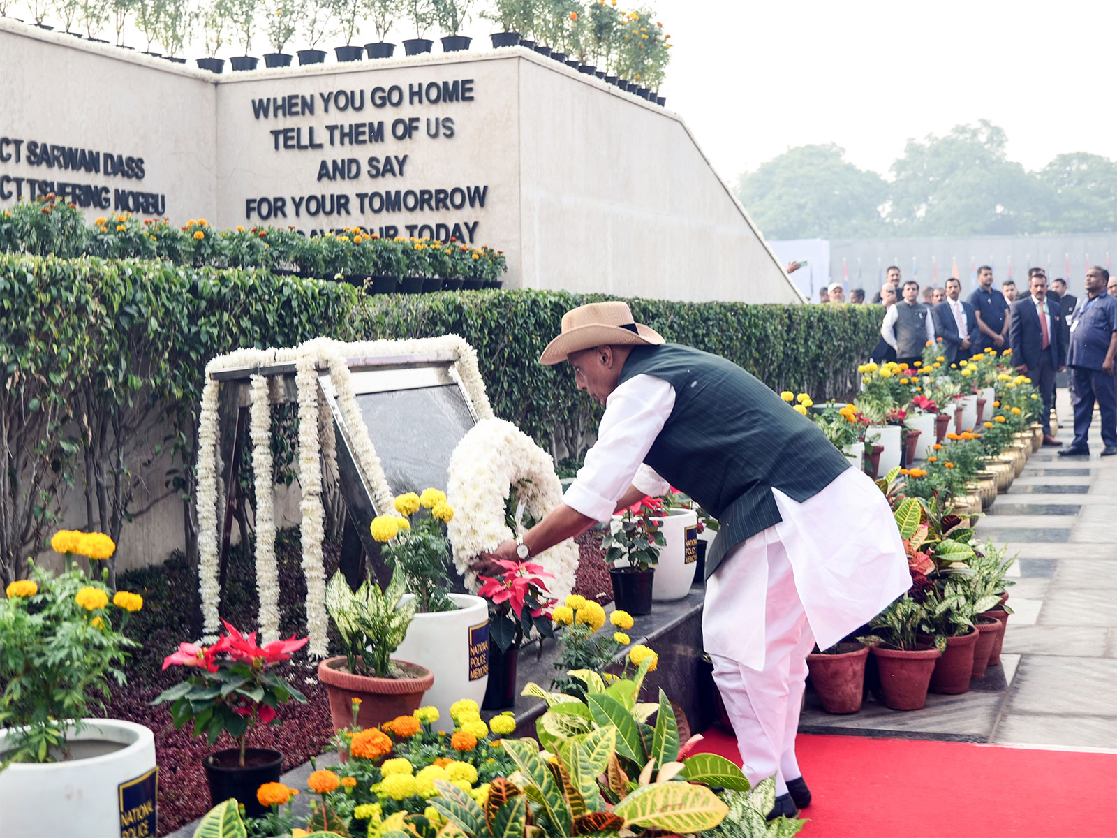 Defence Minister Rajnath Singh lays wreath at National Police Memorial (Photo/ANI) Defence Minister Rajnath Singh lays wreath at National Police Memorial (Photo/ANI)