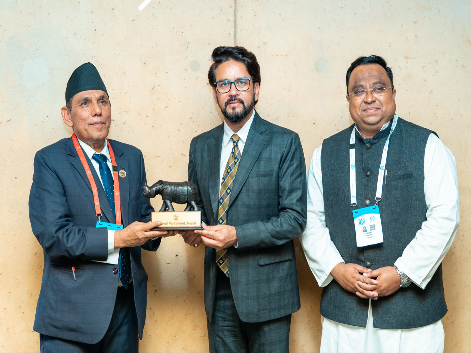 Nepali delegation memeber with Indian Parliamentary delegation Lok Sabha MP Anurag Thakur and Rajya Sabha MP Sasmit Patra (Photo:X/India at UN) Nepali delegation memeber with Indian Parliamentary delegation Lok Sabha MP Anurag Thakur and Rajya Sabha MP Sasmit Patra (Photo:X/India at UN)