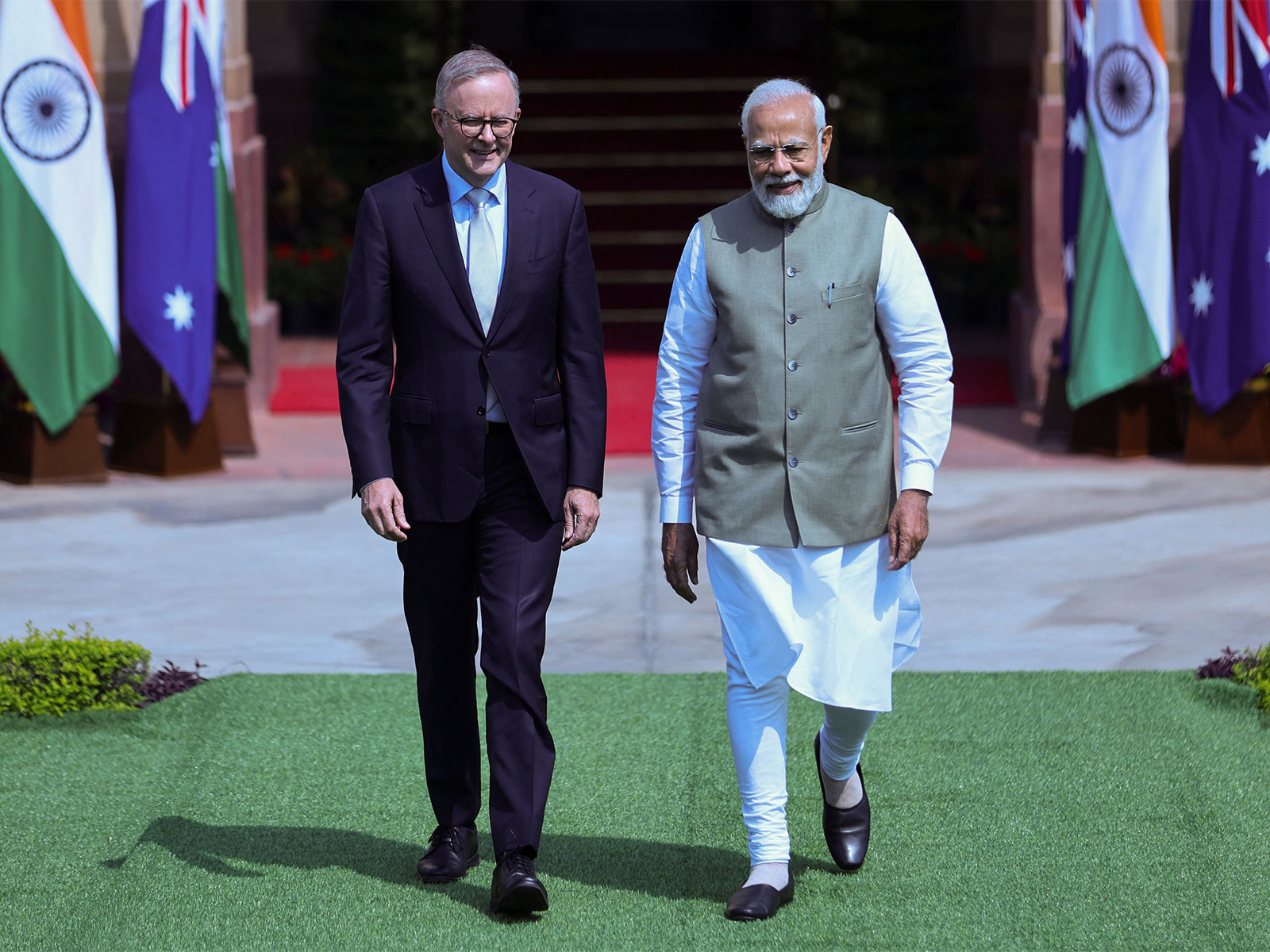 Prime Minister Narendra Modi and Australian Prime Minister Anthony Albanese arrive for a photo opportunity in New Delhi. (File Photo/Reuters) Prime Minister Narendra Modi and Australian Prime Minister Anthony Albanese arrive for a photo opportunity in New Delhi. (File Photo/Reuters)