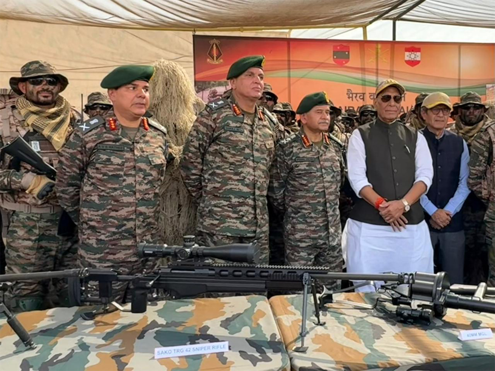 Rajnath Singh interacts with newly formed Bhairav Battalion at Longewala Battlefield (Photo: ANI) Rajnath Singh interacts with newly formed Bhairav Battalion at Longewala Battlefield (Photo: ANI)