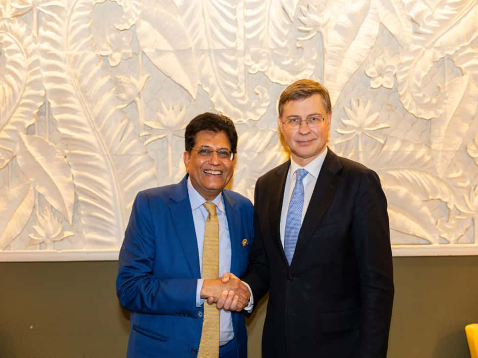 Commerce Minister Piyush Goyal with EU Commissioner Valdis Dombrovskis. (Photo: X@PiyushGoyal) Commerce Minister Piyush Goyal with EU Commissioner Valdis Dombrovskis. (Photo: X@PiyushGoyal)