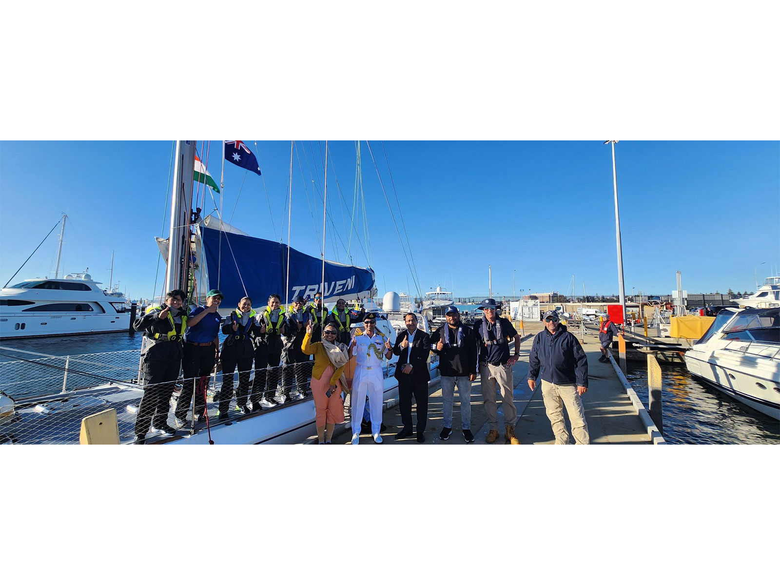 IASV Triveni docks at Fremantle as India’s all-women Tri-Service sailing expedition reaches Australia (Photo/X@HCICanberra) IASV Triveni docks at Fremantle as India’s all-women Tri-Service sailing expedition reaches Australia (Photo/X@HCICanberra)