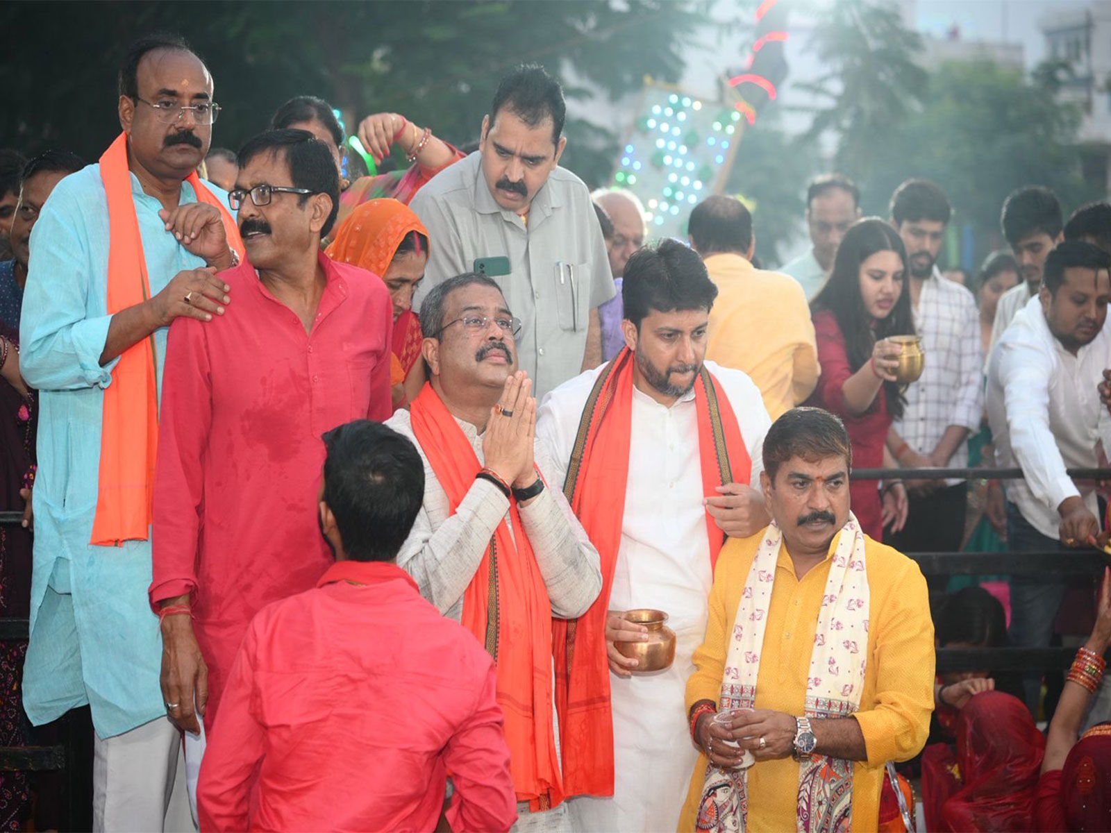 Union Minister Dharmendra Pradhan during Chhath Puja rituals (Photo: @dpradhanbjp/X)
