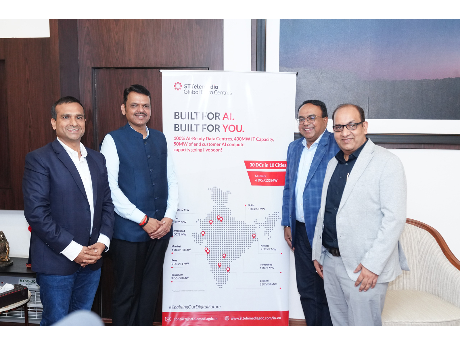 From left to right: Mr. Bimal, CEO, STT GDC India; Mr. Fadnavis, Hon’ble CM of Maharashtra; Mr. Bruno, President and Group CEO, STT GDC; and Mr. Lalit, COO, STT GDC India From left to right: Mr. Bimal, CEO, STT GDC India; Mr. Fadnavis, Hon’ble CM of Maharashtra; Mr. Bruno, President and Group CEO, STT GDC; and Mr. Lalit, COO, STT GDC India