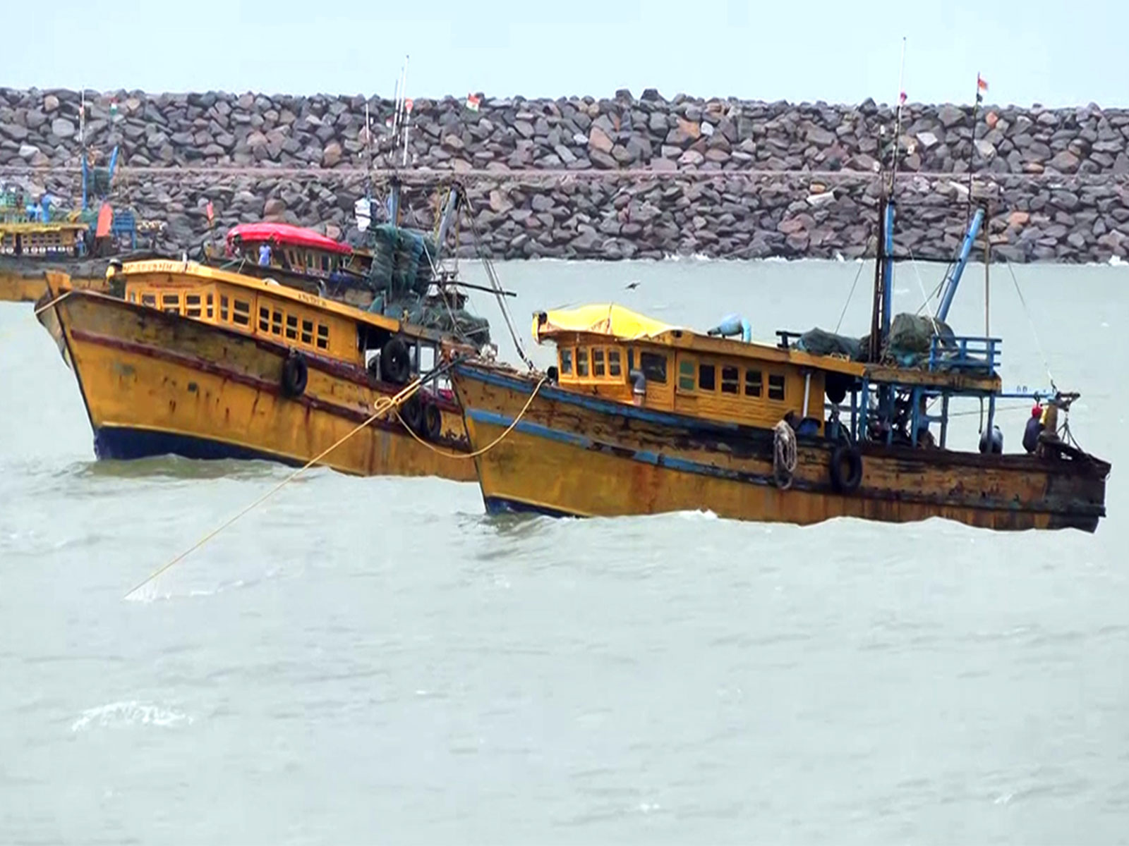 Andhra fishing boats take shelter at Gopalpur port because of Cyclone Montha, in Ganjam on Tuesday. (Photo/ANI)