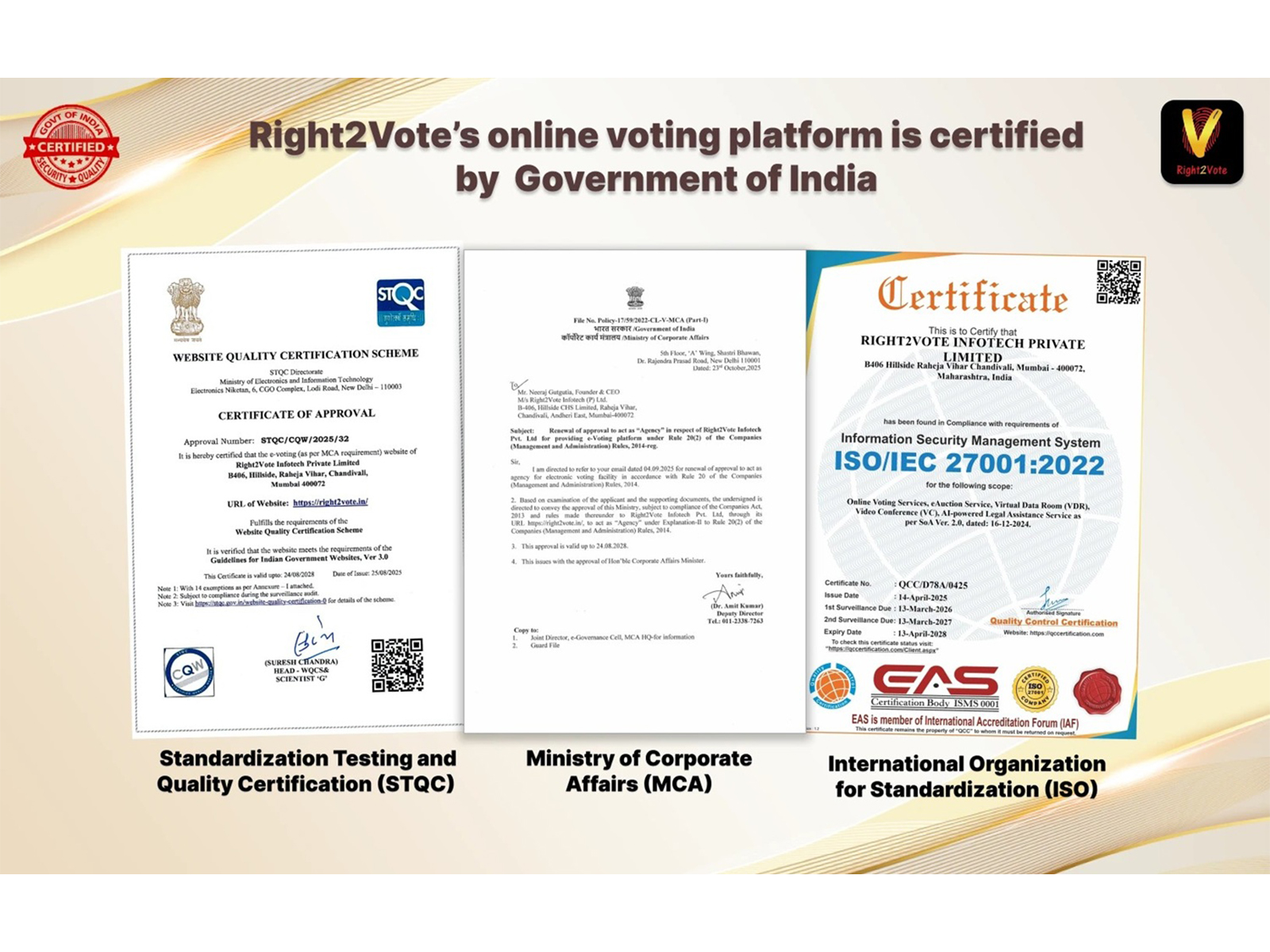 Right2Vote is a STQC certified and MCA approved eVoting Software for associations