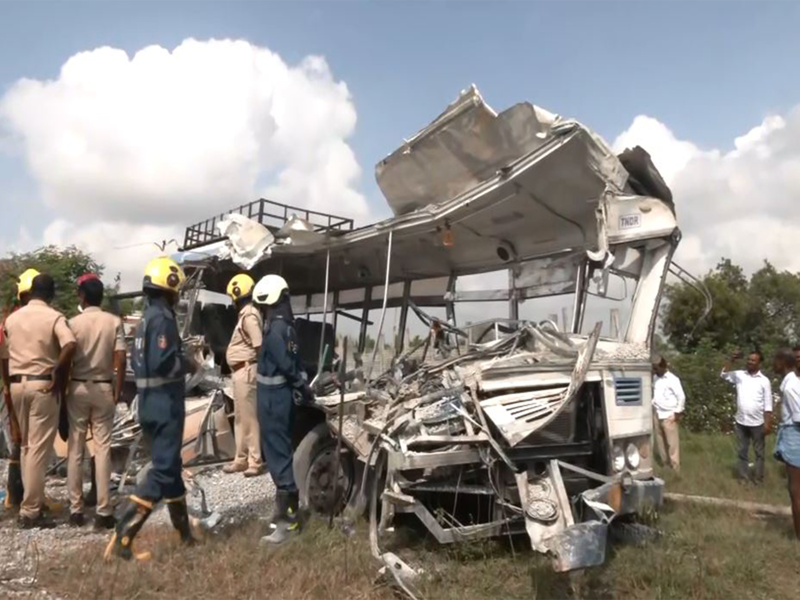 Bus accident in Rangareddy district of Telangana (Photo/ANI) Bus accident in Rangareddy district of Telangana (Photo/ANI)