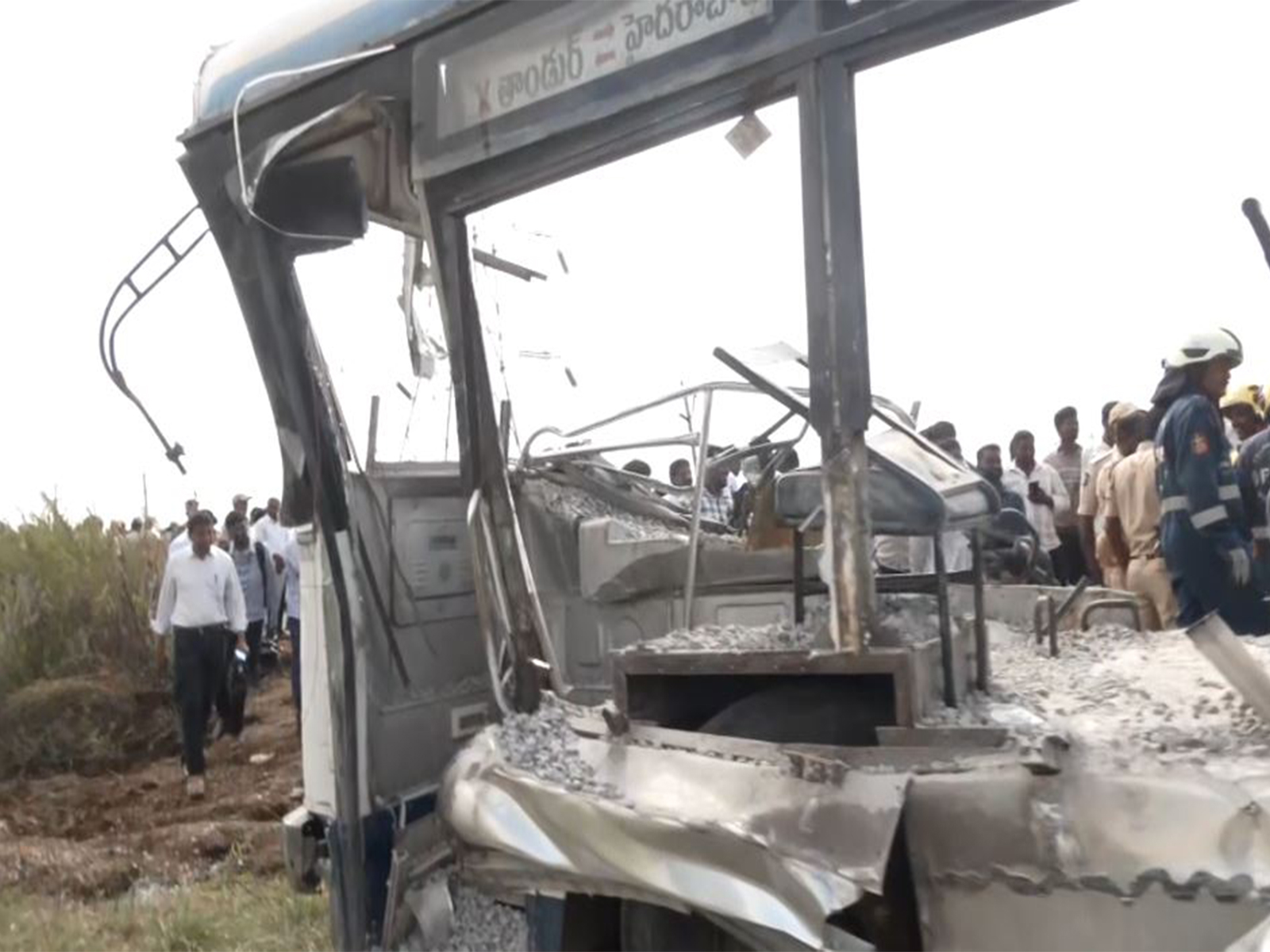 RTC bus collides with gravel-laden lorry in Rangareddy (Photo/ANI) RTC bus collides with gravel-laden lorry in Rangareddy (Photo/ANI)