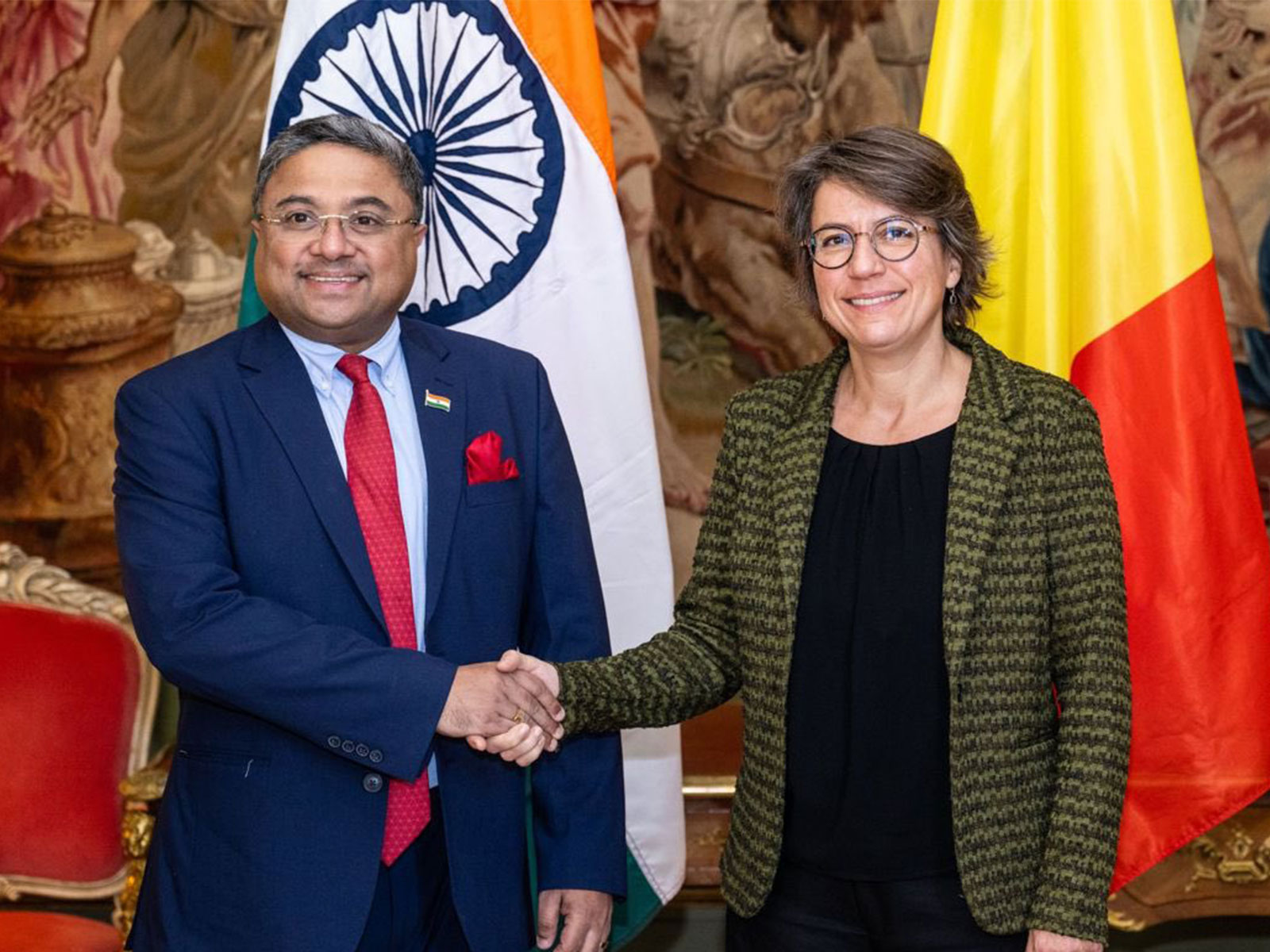 Secretary (West), Sibi George with Theodora Gentzis, President of the Board of Belgian MFA (Photo/ X@MEAIndia) Secretary (West), Sibi George with Theodora Gentzis, President of the Board of Belgian MFA (Photo/ X@MEAIndia)