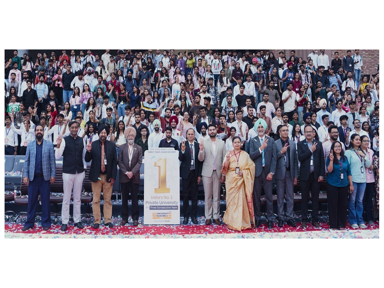 Deepinder Singh Sandhu, Sr. Managing Director, Chandigarh University, along with other University officials releasing the position in QS Asia Ranking 2026