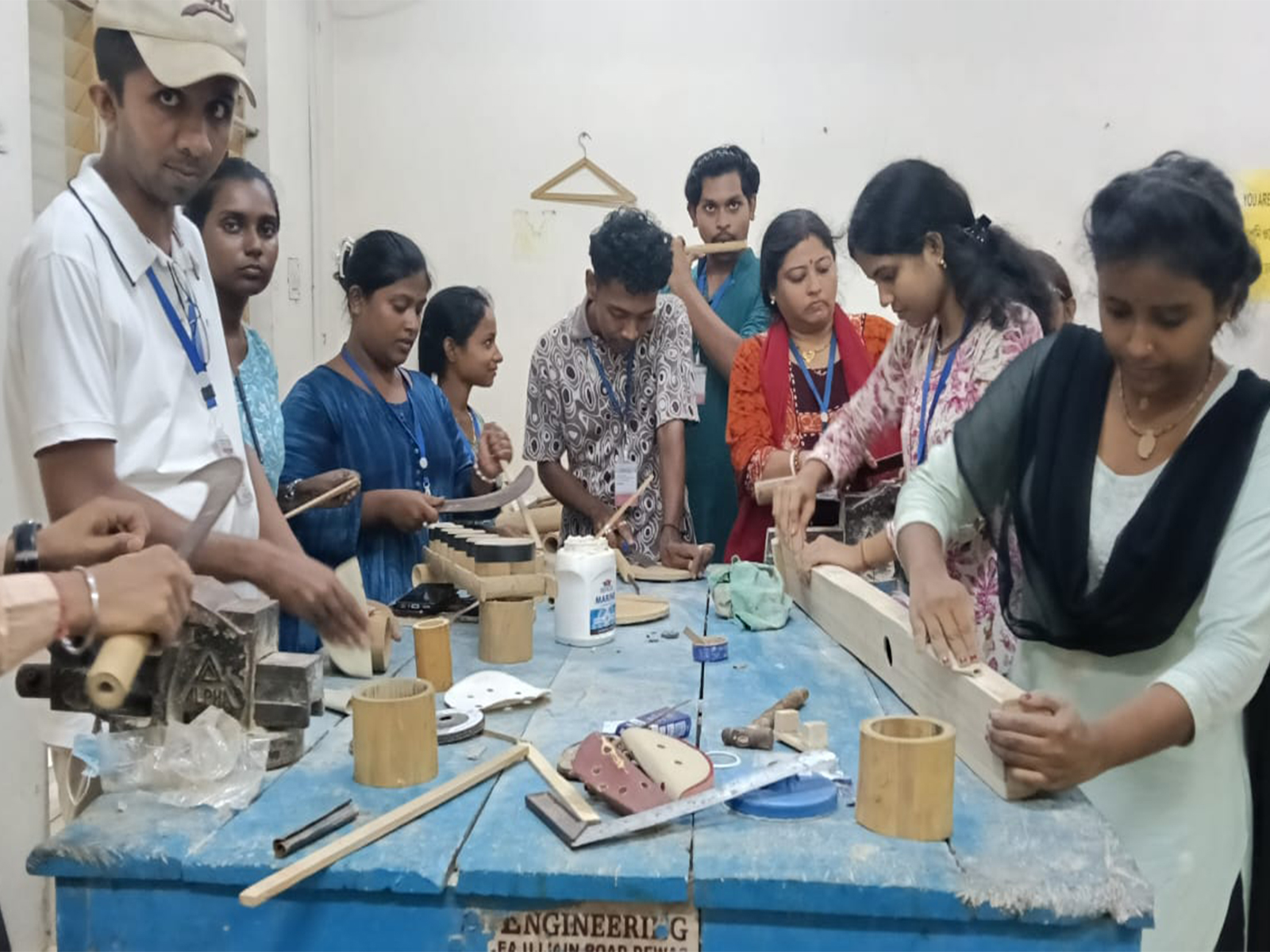 Music students learn the art of Bamboo instrument making under NEP 2020 internship (Photo/ANI) Music students learn the art of Bamboo instrument making under NEP 2020 internship (Photo/ANI)