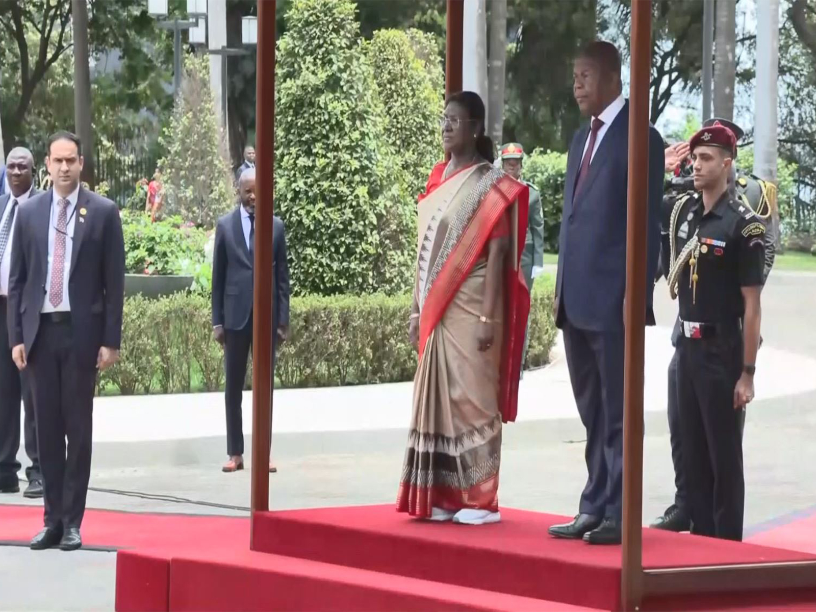 President Droupadi Murmu receives a ceremonial welcome in Luanda, with Angolan President João Manuel Gonçalves Lourenço present (Photo/ANI) President Droupadi Murmu receives a ceremonial welcome in Luanda, with Angolan President João Manuel Gonçalves Lourenço present (Photo/ANI)