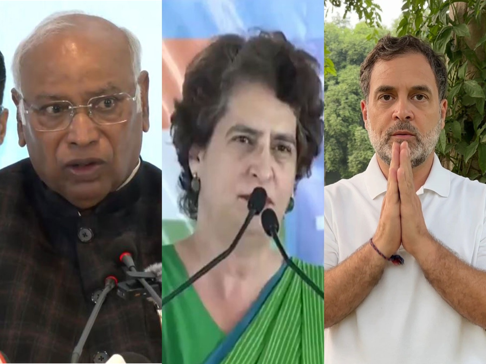 Congress leaders Mallikarjun Kharge, Rahul Gandhi and Priyanka Gandhi Vadra. (File photo/ANI)
