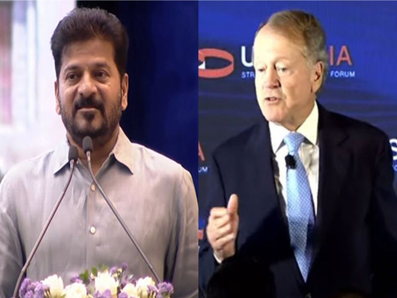 Telangana CM Revanth Reddy and John Chambers. (Photo/ANI)