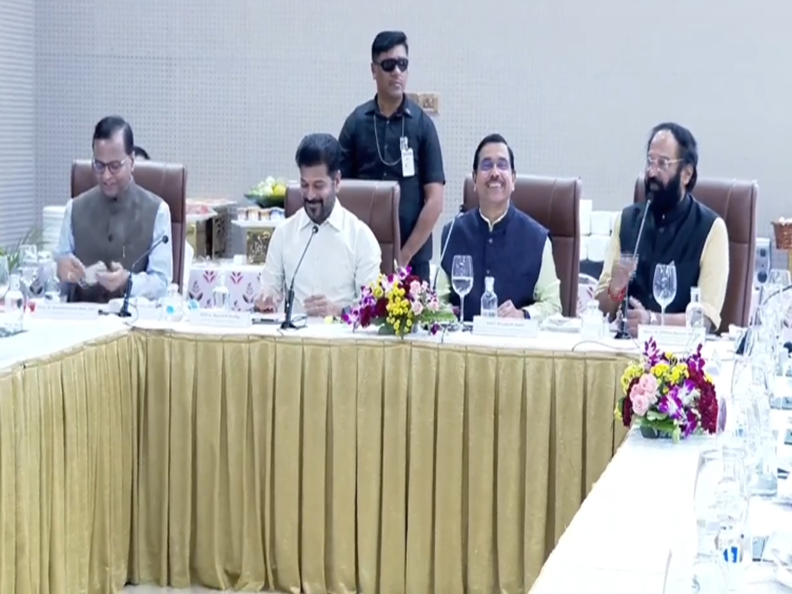 Telangana CM Reddy holds breakfast meeting with Union Minister Pralhad Joshi (Photo/ANI) Telangana CM Reddy holds breakfast meeting with Union Minister Pralhad Joshi (Photo/ANI)