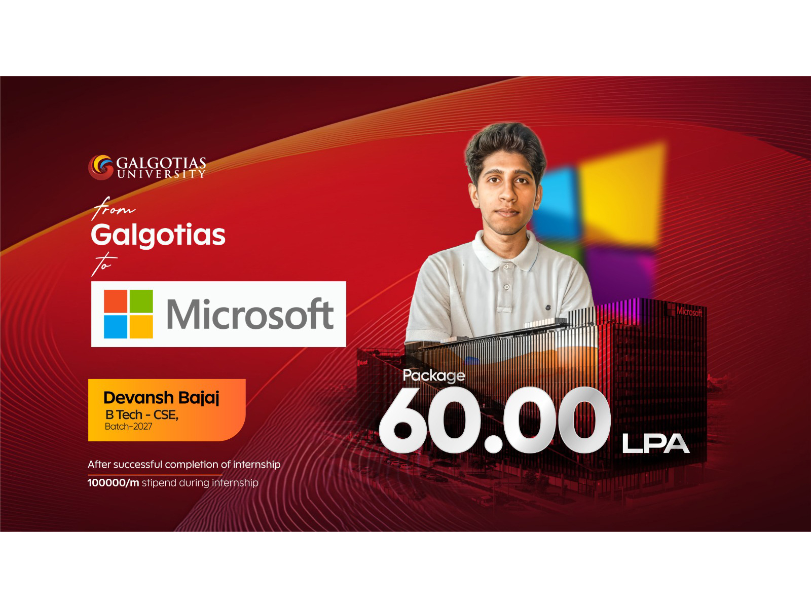 Devansh Bajaj from Galgotias University secures a 60 LPA offer at Microsoft, showcasing GU’s strong industry-ready learning ecosystem Devansh Bajaj from Galgotias University secures a 60 LPA offer at Microsoft, showcasing GU’s strong industry-ready learning ecosystem