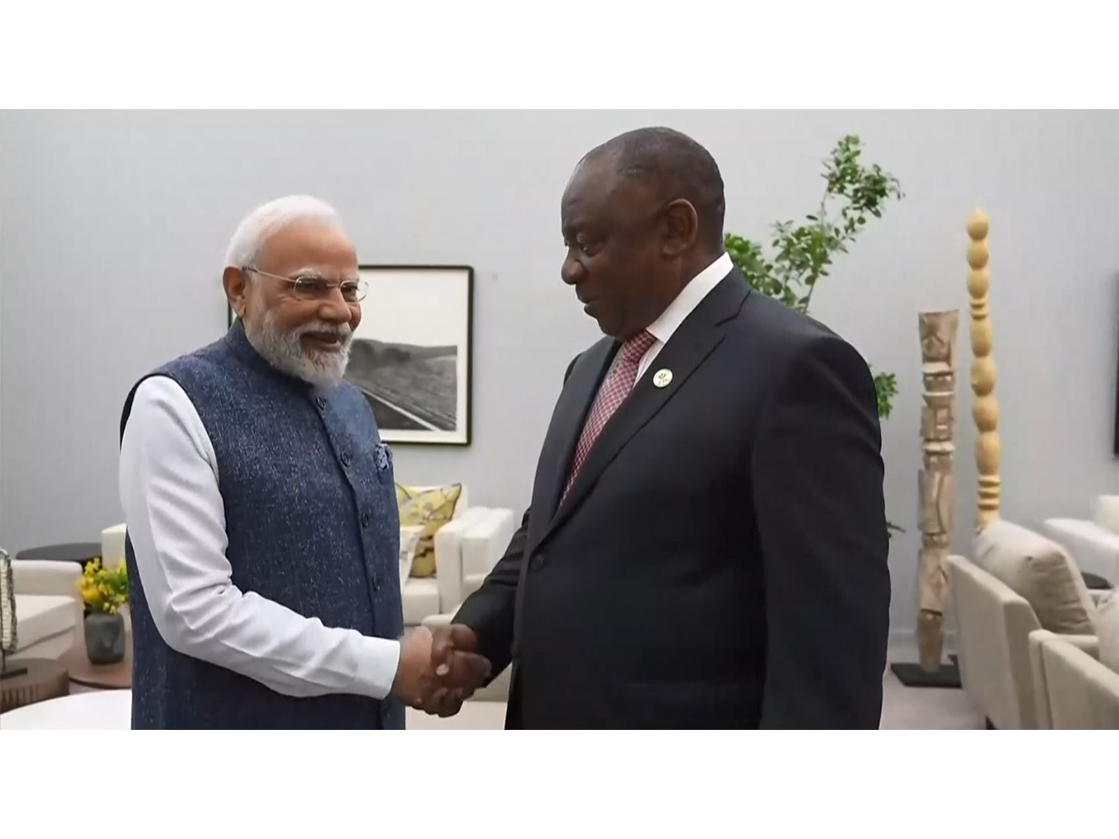 Prime Minister Narendra Modi meets South African President Cyril Ramaphosa on the sidelines of the G20 Summit in Johannesburg during a round of key bilateral engagements. (Photo/ANI)