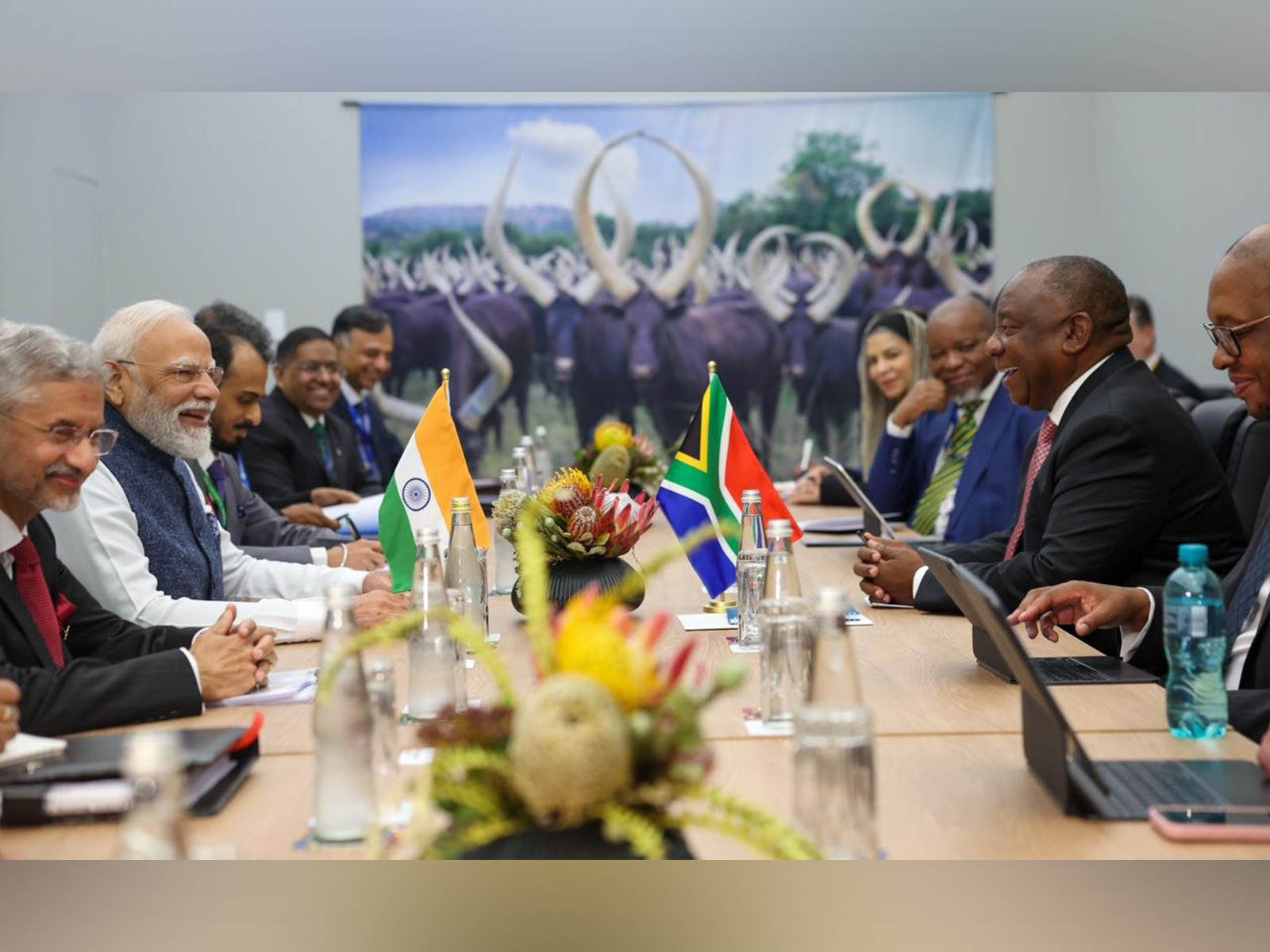 Prime Minister Narendra Modi and South African President Cyril Ramaphosa during their bilateral meeting at the G20 Summit in Johannesburg. (Photo: X/@narendramodi) Prime Minister Narendra Modi and South African President Cyril Ramaphosa during their bilateral meeting at the G20 Summit in Johannesburg. (Photo: X/@narendramodi)