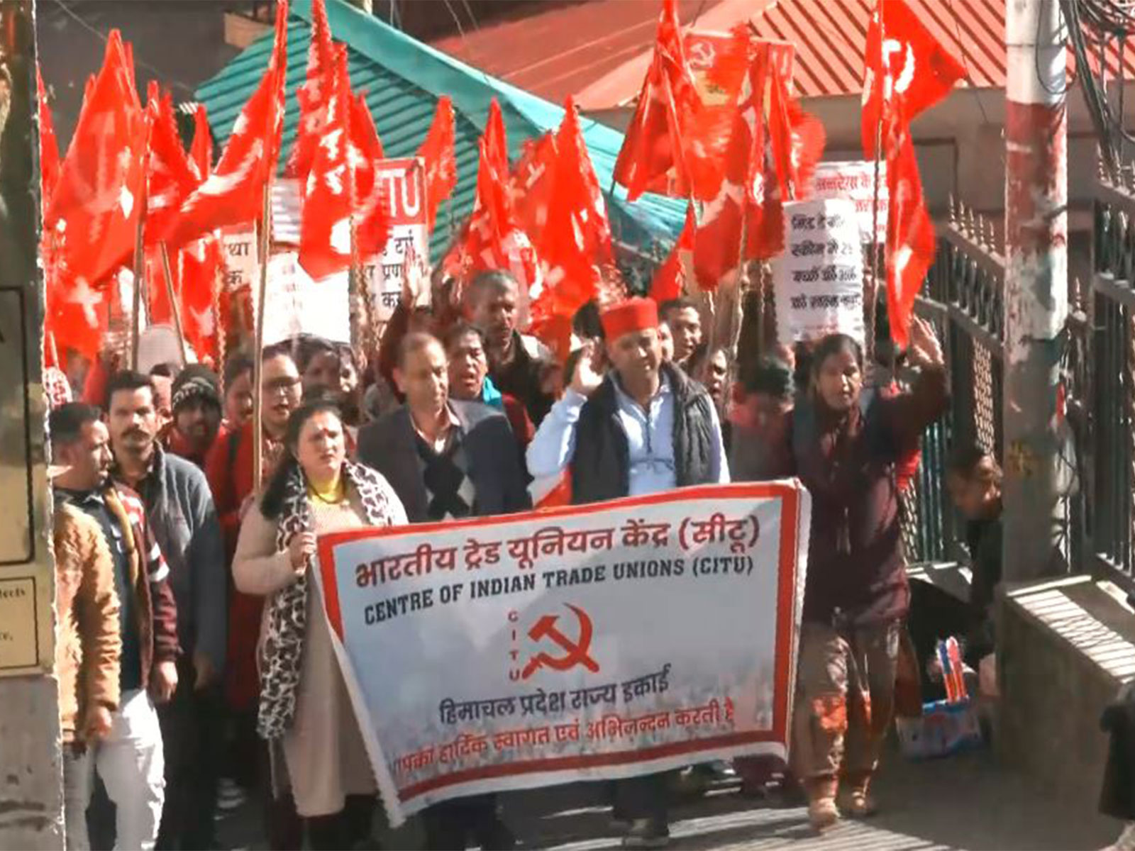 Visuals from protest against labour codes in Shimla (Photo/ANI) Visuals from protest against labour codes in Shimla (Photo/ANI)