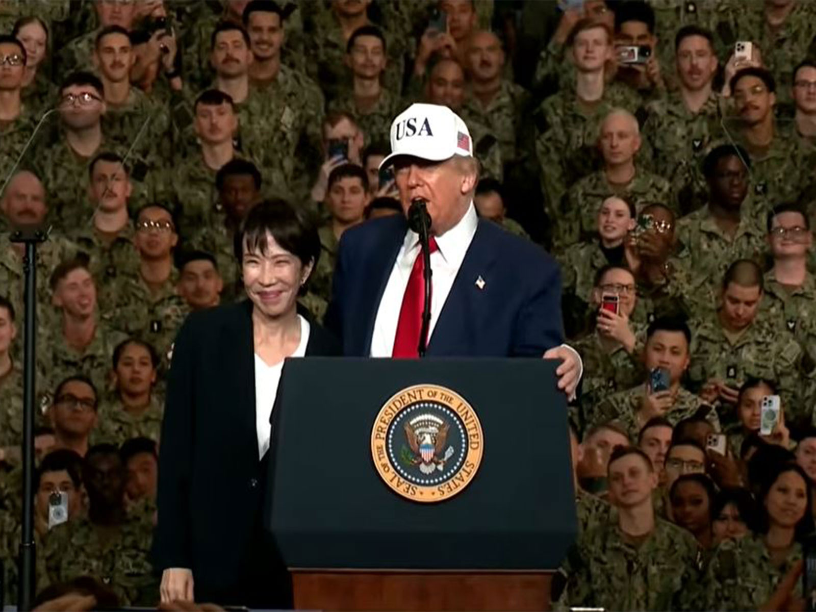 US President Donald Trump with Japan PM Sanae Takaichi aboard the USS George Washington. (Image Source: The White House/YouTube) US President Donald Trump with Japan PM Sanae Takaichi aboard the USS George Washington. (Image Source: The White House/YouTube)