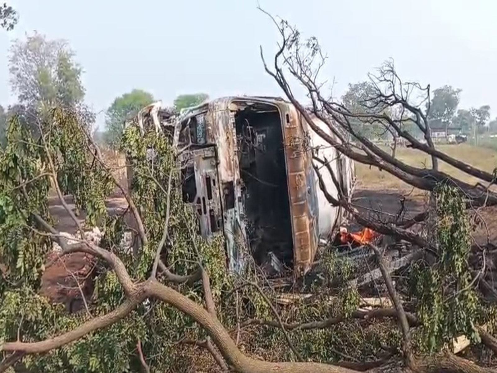 Condition of ethanol tanker after collision, Mahbubnagar, Telangana (Photo/ANI)