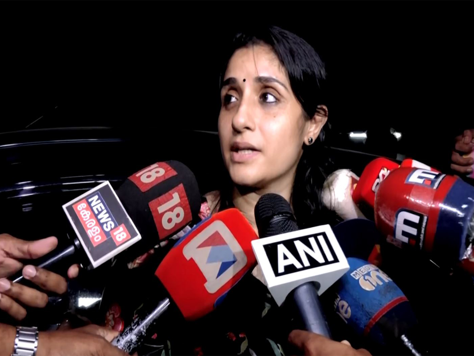 Activist Rahul Easwar’s wife, Deepa, speaks to media in Thiruvananthapuram after alleging unfair police action against him. (Photo/ANI)