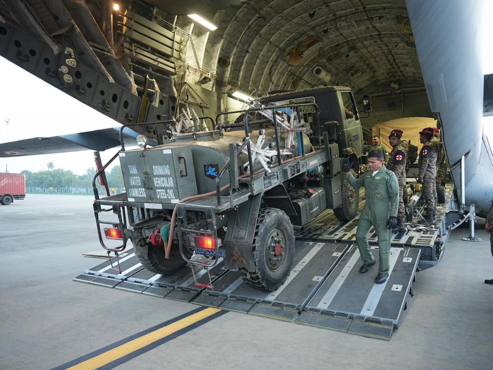 An IAF C-17 carrying 70 medical personnel and a modular field hospital arrives in Colombo for Sri Lanka flood relief efforts. (Photo: X/@DrSJaishankar) An IAF C-17 carrying 70 medical personnel and a modular field hospital arrives in Colombo for Sri Lanka flood relief efforts. (Photo: X/@DrSJaishankar)