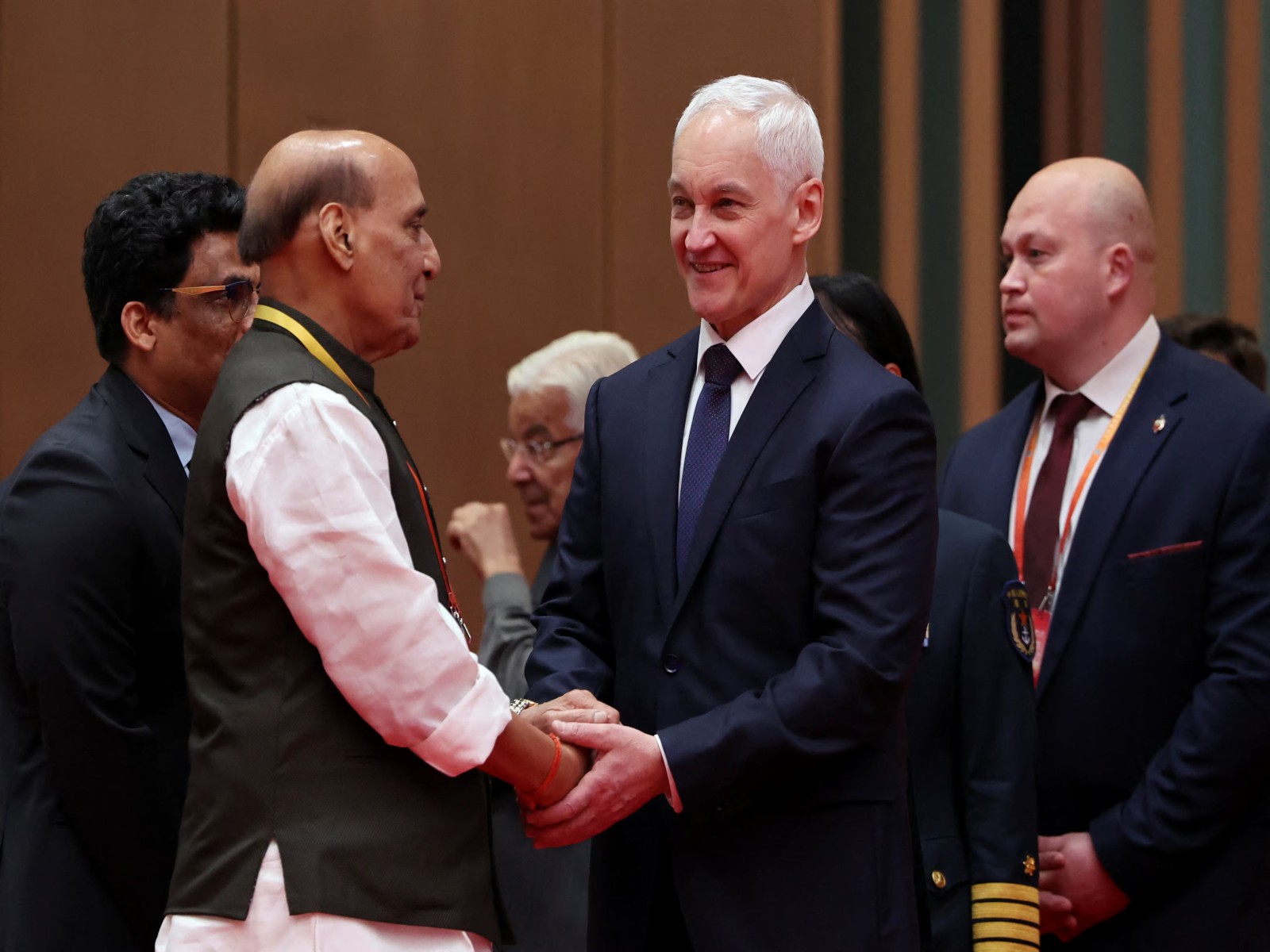 Russia’s Defence Minister Andrei Belousov (right) with Defence Minister Rajnath Singh. (Photo/Reuters) Russia’s Defence Minister Andrei Belousov (right) with Defence Minister Rajnath Singh. (Photo/Reuters)