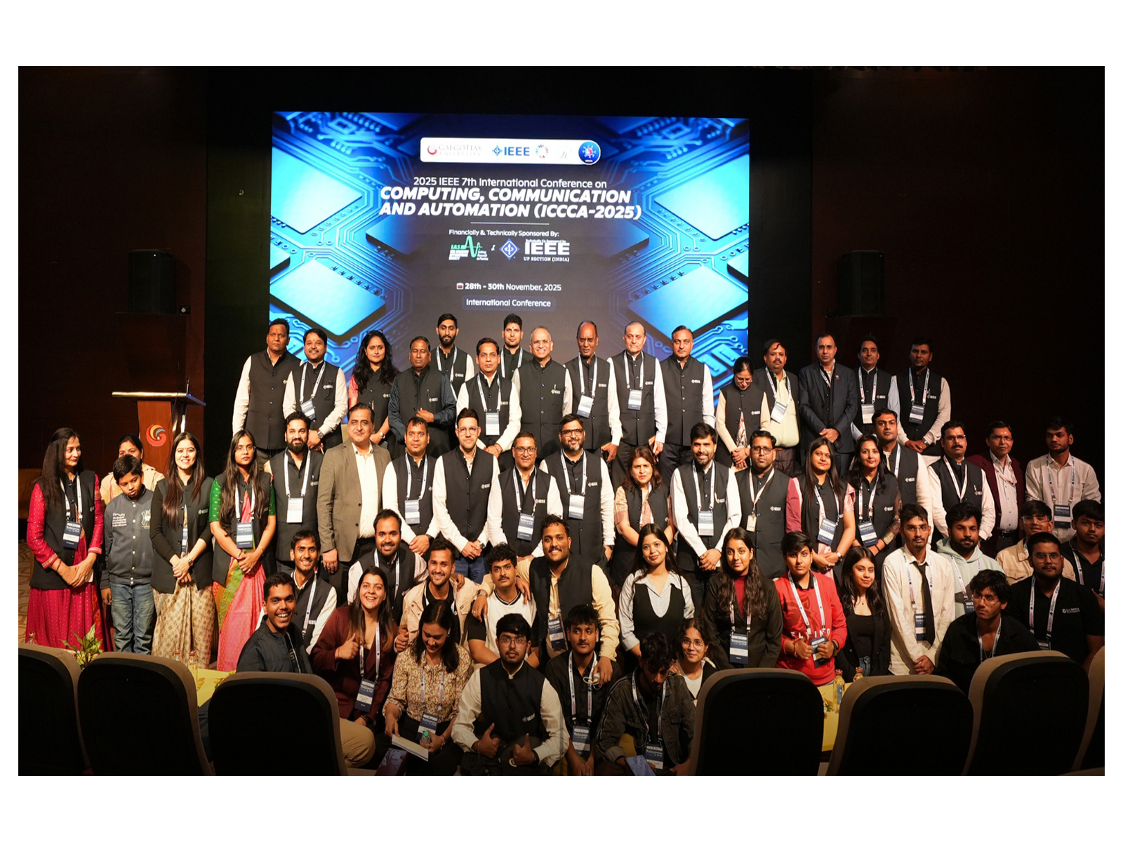 Delegates, dignitaries, and organisers during the 2025 IEEE 7th International Conference on Computing, Communication and Automation (ICCCA) at Galgotias University