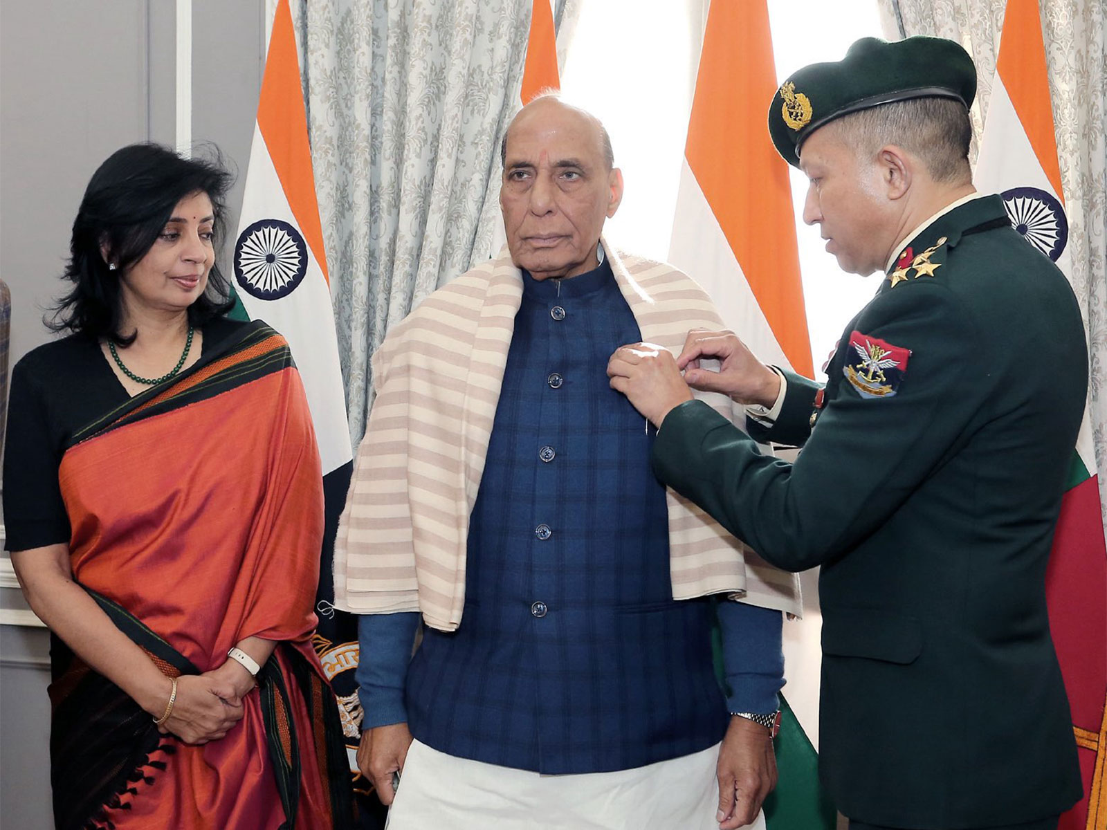Defence Minister Rajnath Singh being pinned the Armed Forces Flag pin (Photo/X @rajnathsingh) Defence Minister Rajnath Singh being pinned the Armed Forces Flag pin (Photo/X @rajnathsingh)