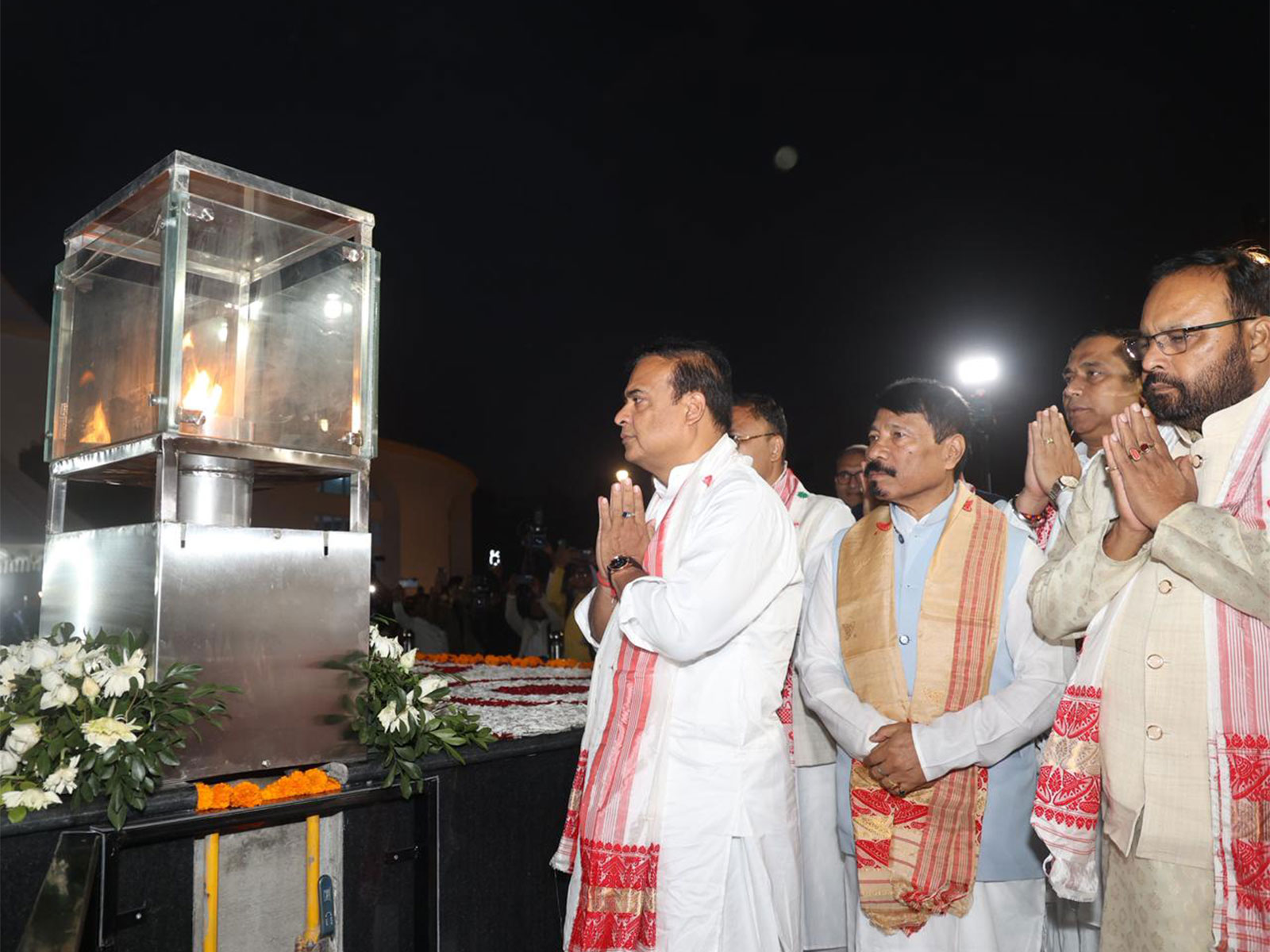 Assam Chief Minister Himanta Biswa lighting ‘Swahid Pranam Jyoti’ at Swahid Smarak Kshetra (Photo/ANI)