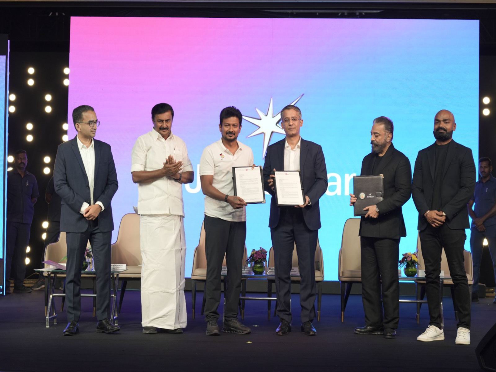 Udhyanidhi Stalin exchanges letters of intent with JioHotstar representatives at South Unbound event (Photo/JioHotstar) Udhyanidhi Stalin exchanges letters of intent with JioHotstar representatives at South Unbound event (Photo/JioHotstar)