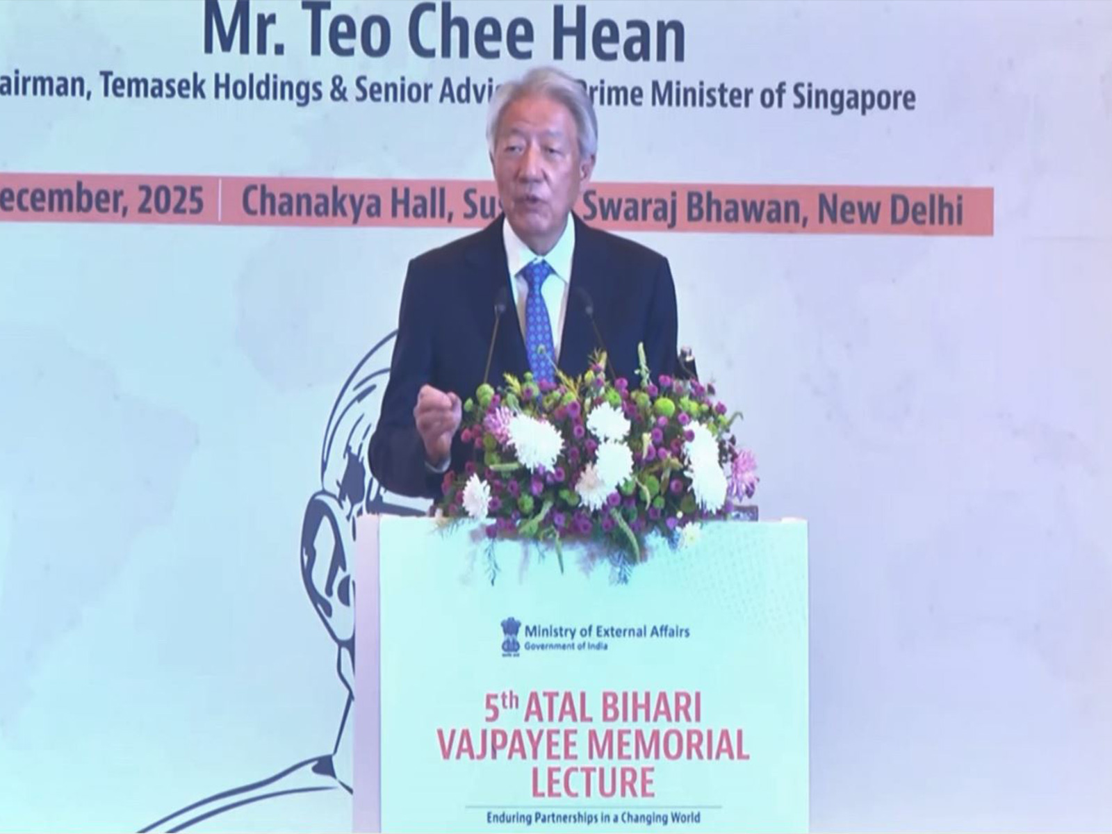 Temasek Chairman Teo Chee Hean speaks at the 5th Atal Bihari Vajpayee Memorial Lecture in New Delhi. (Photo/ANI) Temasek Chairman Teo Chee Hean speaks at the 5th Atal Bihari Vajpayee Memorial Lecture in New Delhi. (Photo/ANI)