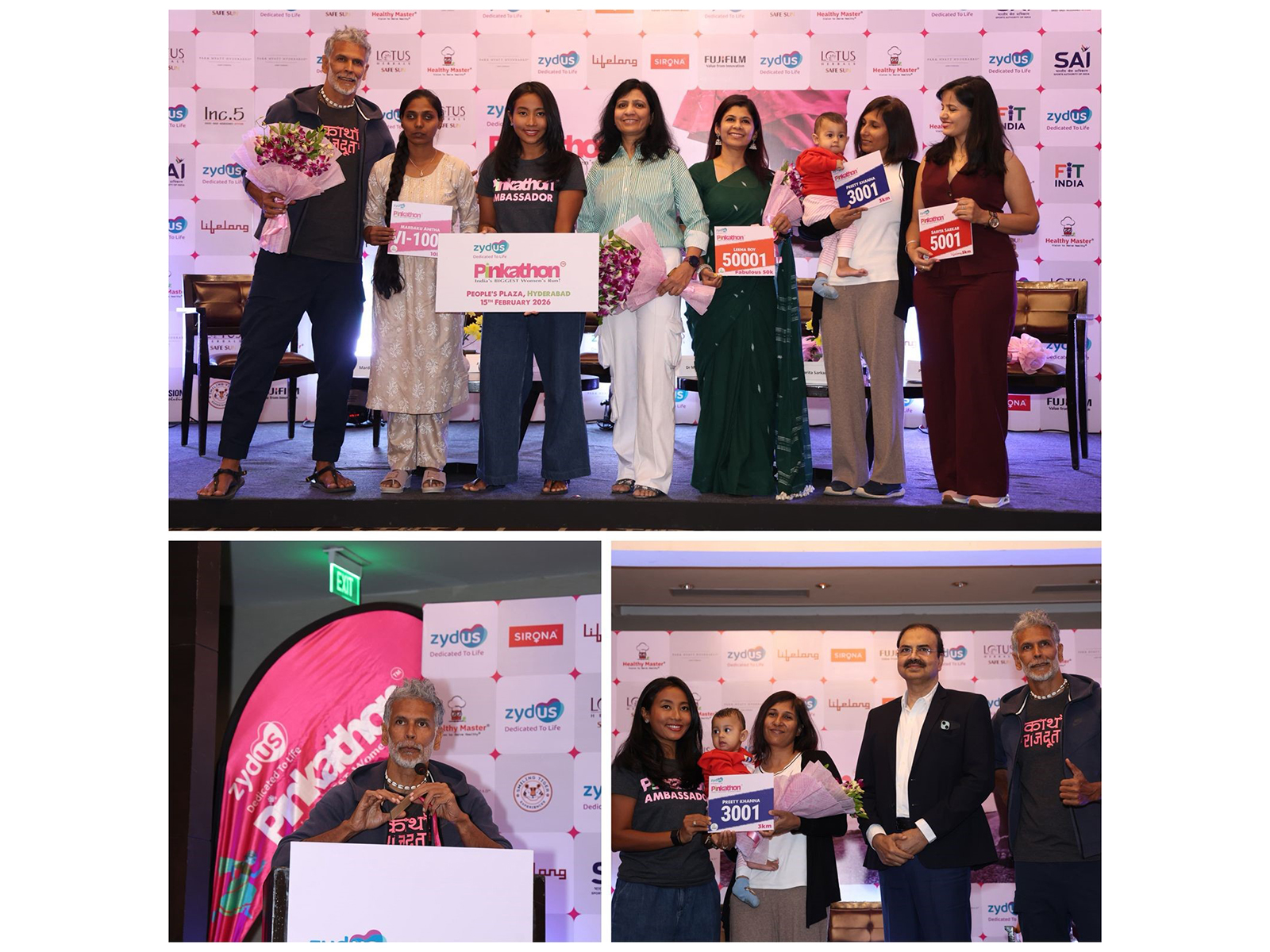 Milind Soman, Ankita Konwar, and Dr. Mohana Vamsy at Pinkathon Hyderabad with Zydus partners and mascots, championing women’s fitness and early breast cancer awareness