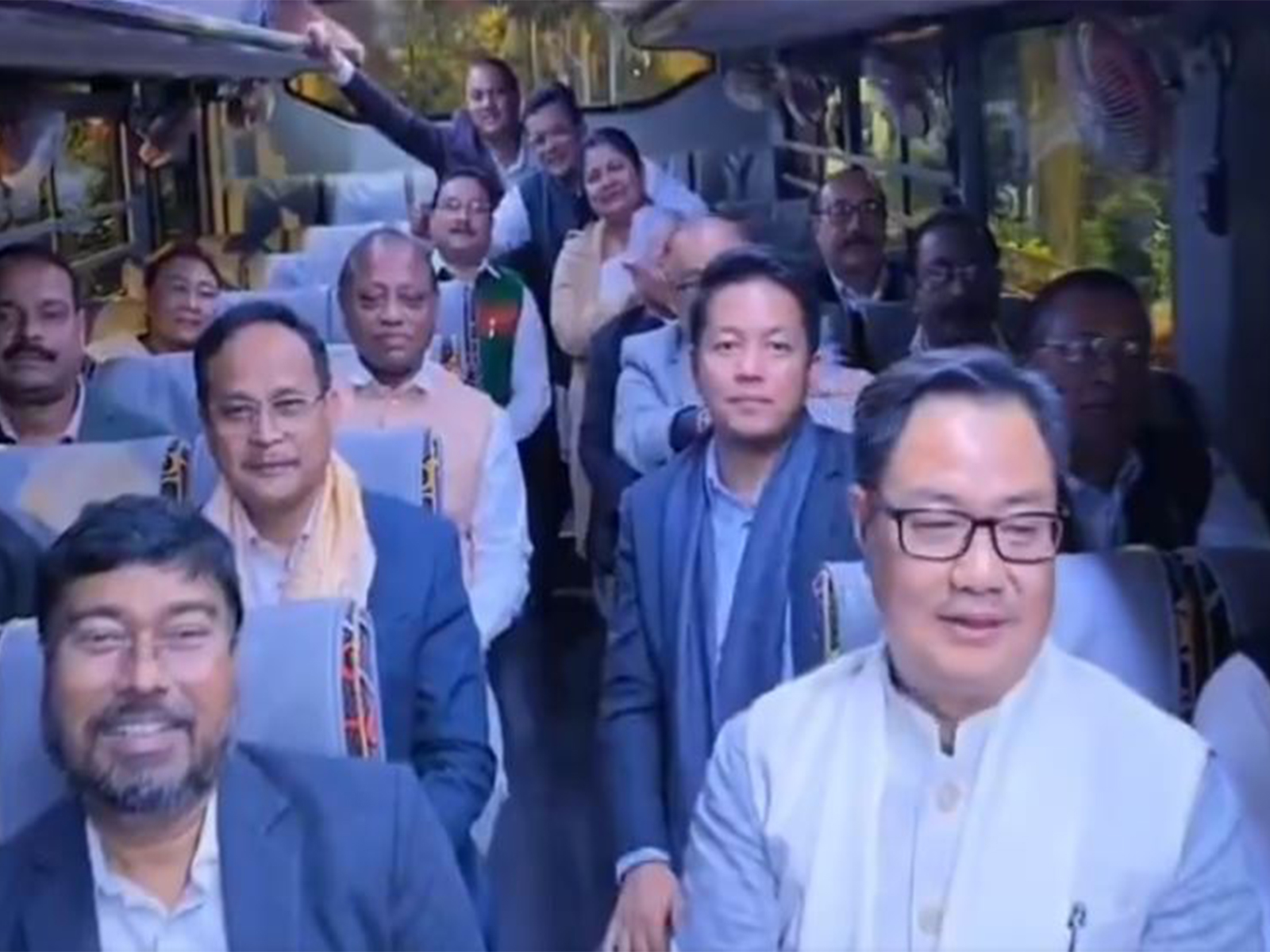 North-East NDA MPs riding a bus to Prime Minister's residence (Photo: x/@KirenRijiju)